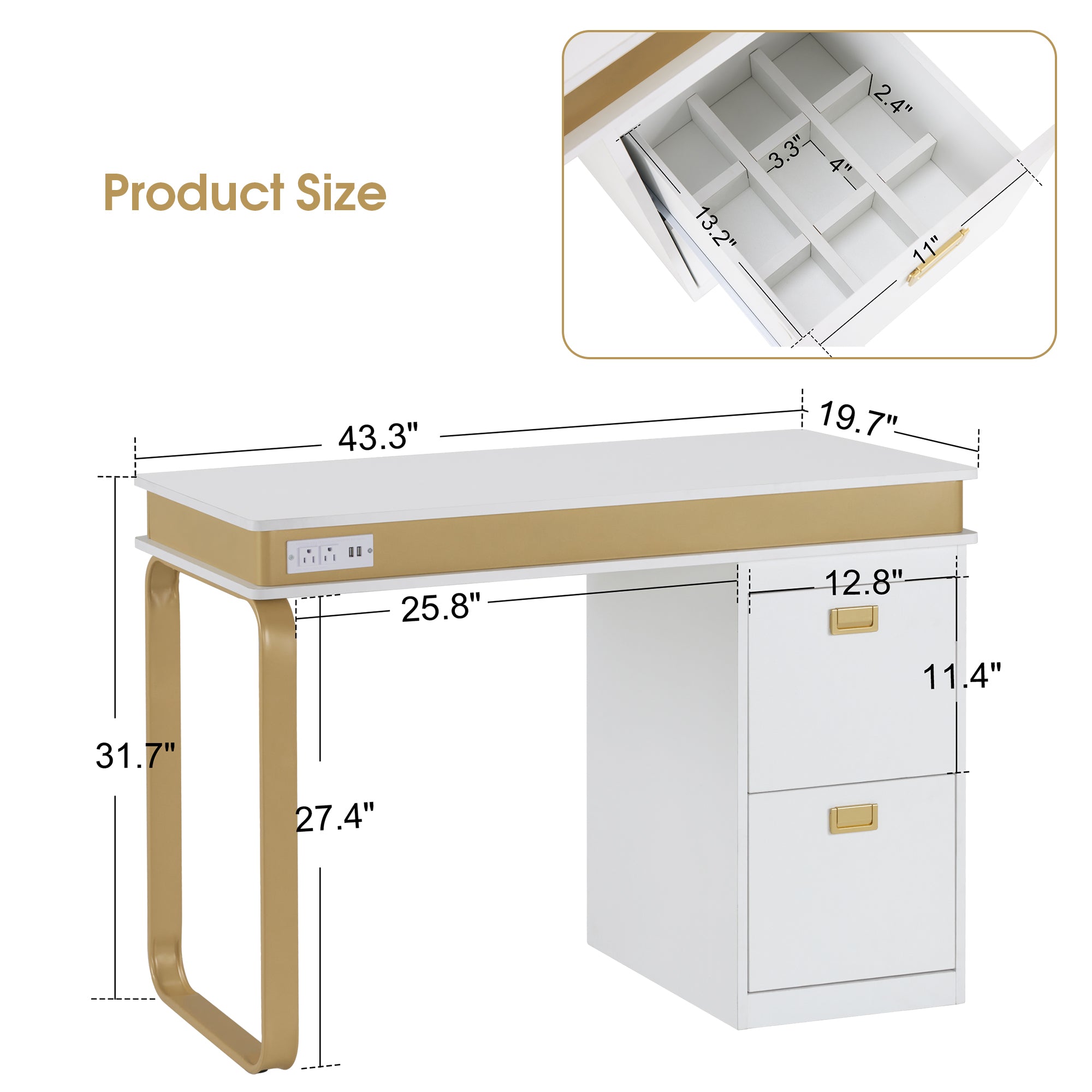Modern White & Gold Manicure Table with Outlets, Beauty Nail Desk with Big Drawers for Storage 2626