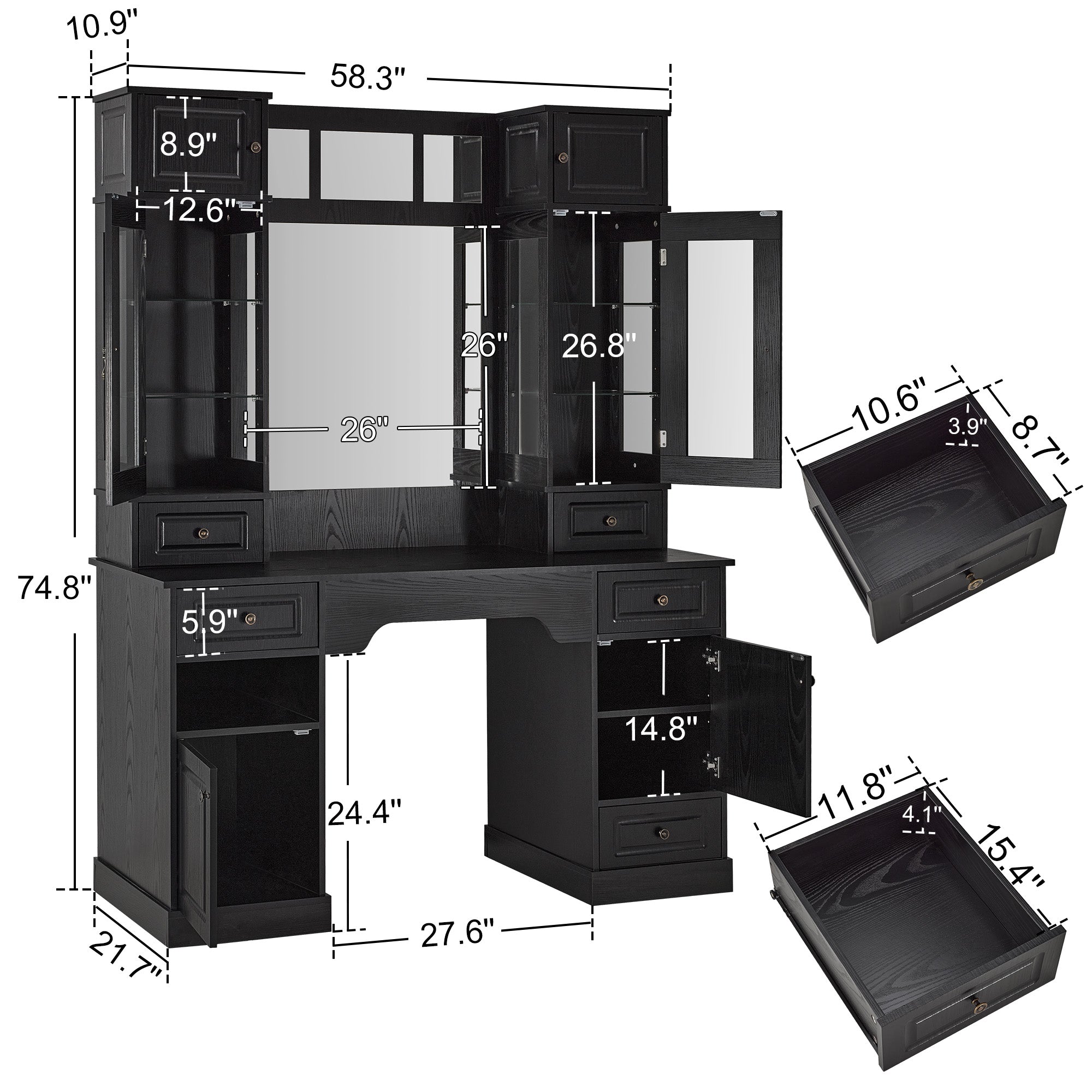Black Vintage Barber Station for Storage, Classic Salon Workstation with Integrated Mirror 3149