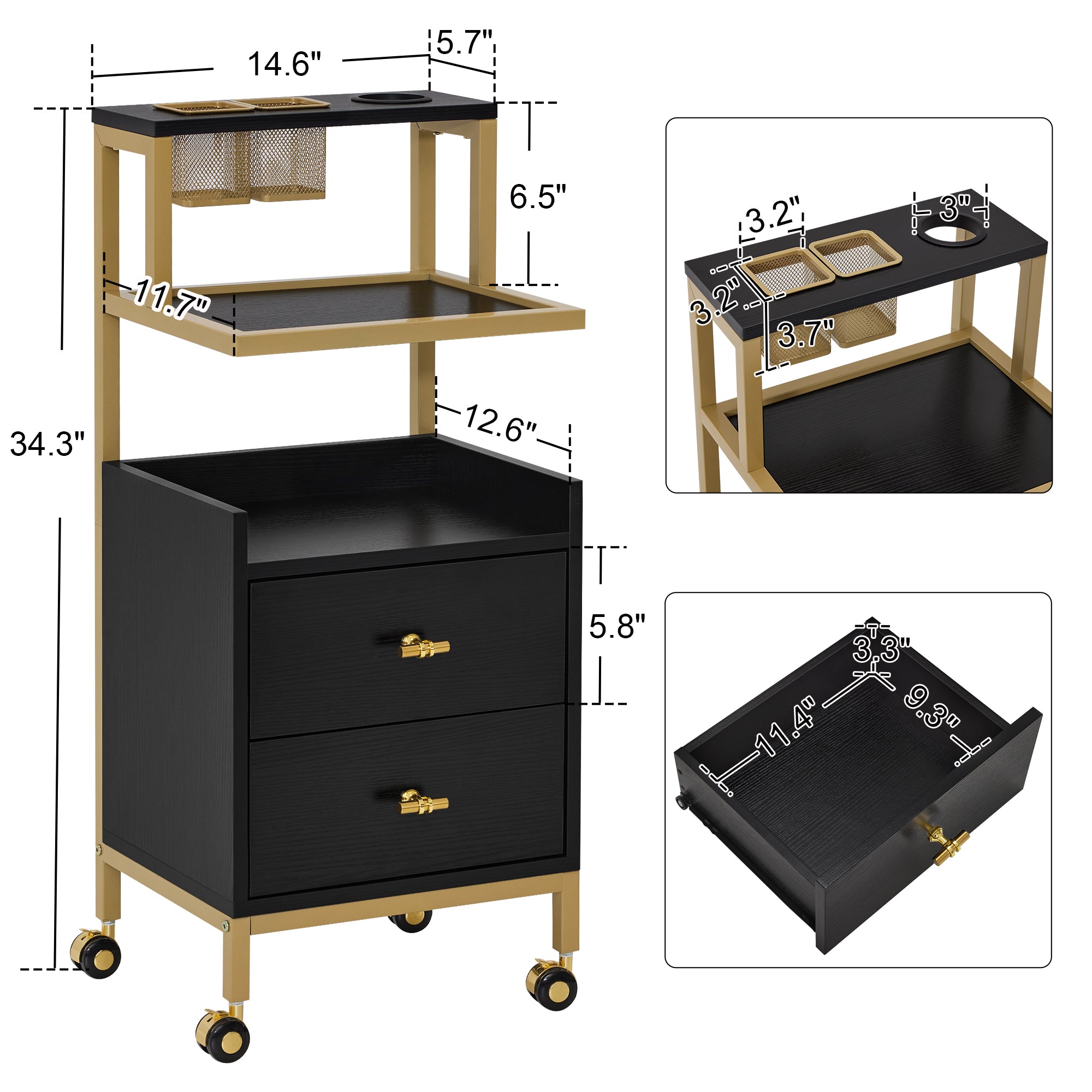 Beauty Salon Trolley with Tool Holders & Wheels, SPA Barber Rolling Cart with Metal Frame 2084