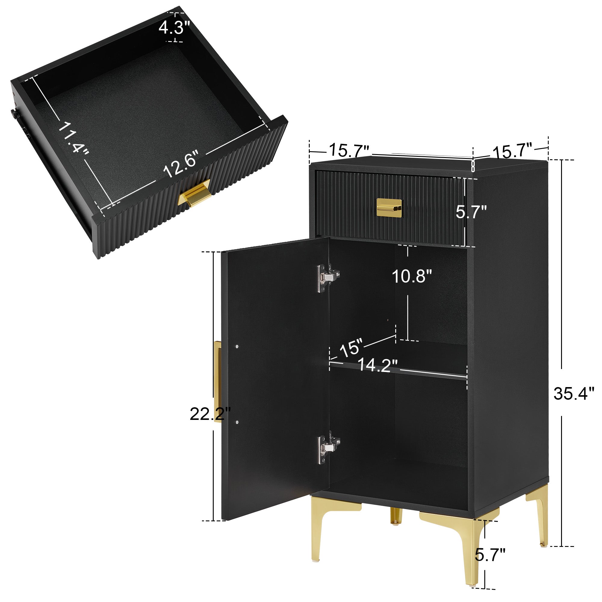 Black Fluted Free-Standing Barber Station for Storage, Salon Beauty Cabinet with Golden Handle 2027