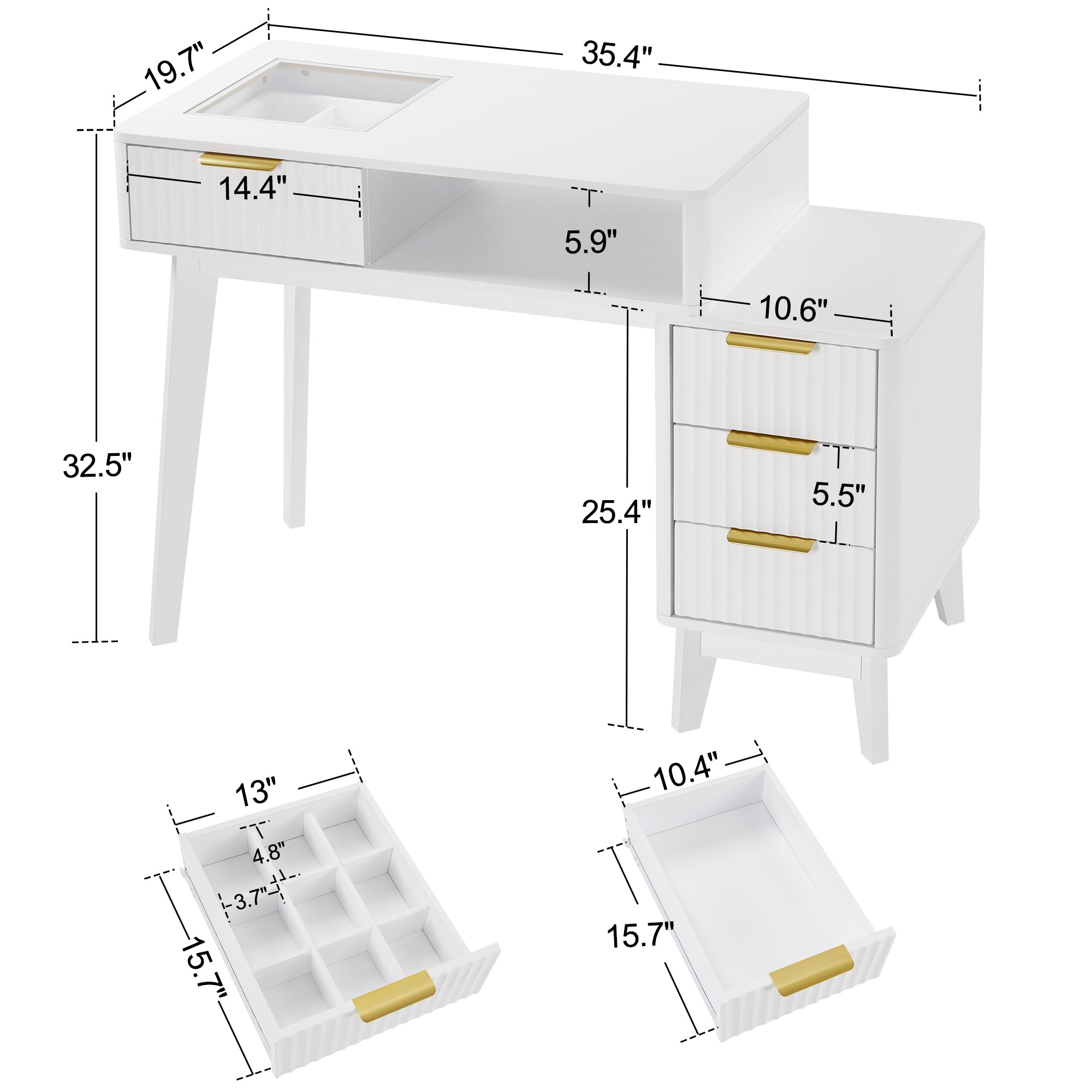 BarberPub Professional Manicure Table, High Gloss Nail Desk with Glass Display & Storage Drawers 2899