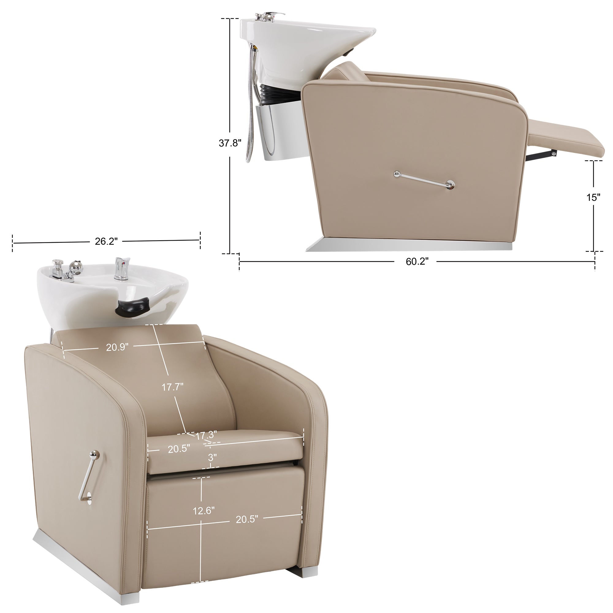 BarberPub Backwash Shampoo Station Chair, Salon Ceramic Hair Wash Bowl 9370