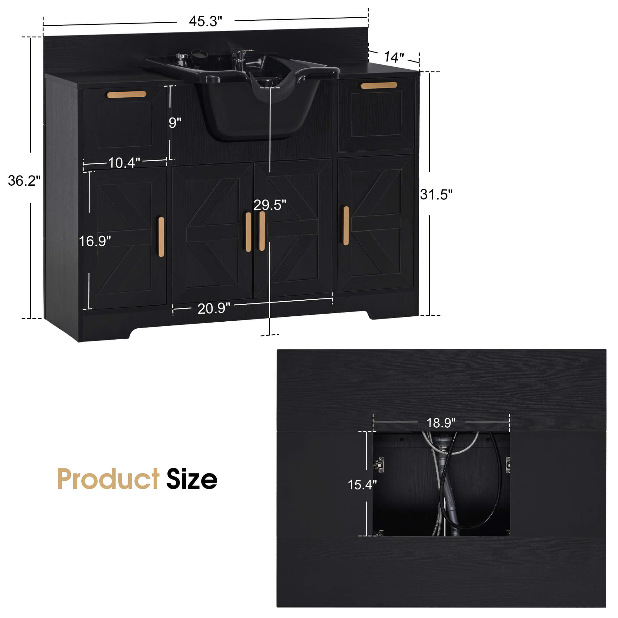 Barber Shampoo Storage Station, Hair Salon Shampoo Equipment with Backwash Sink & Cabinet 7137