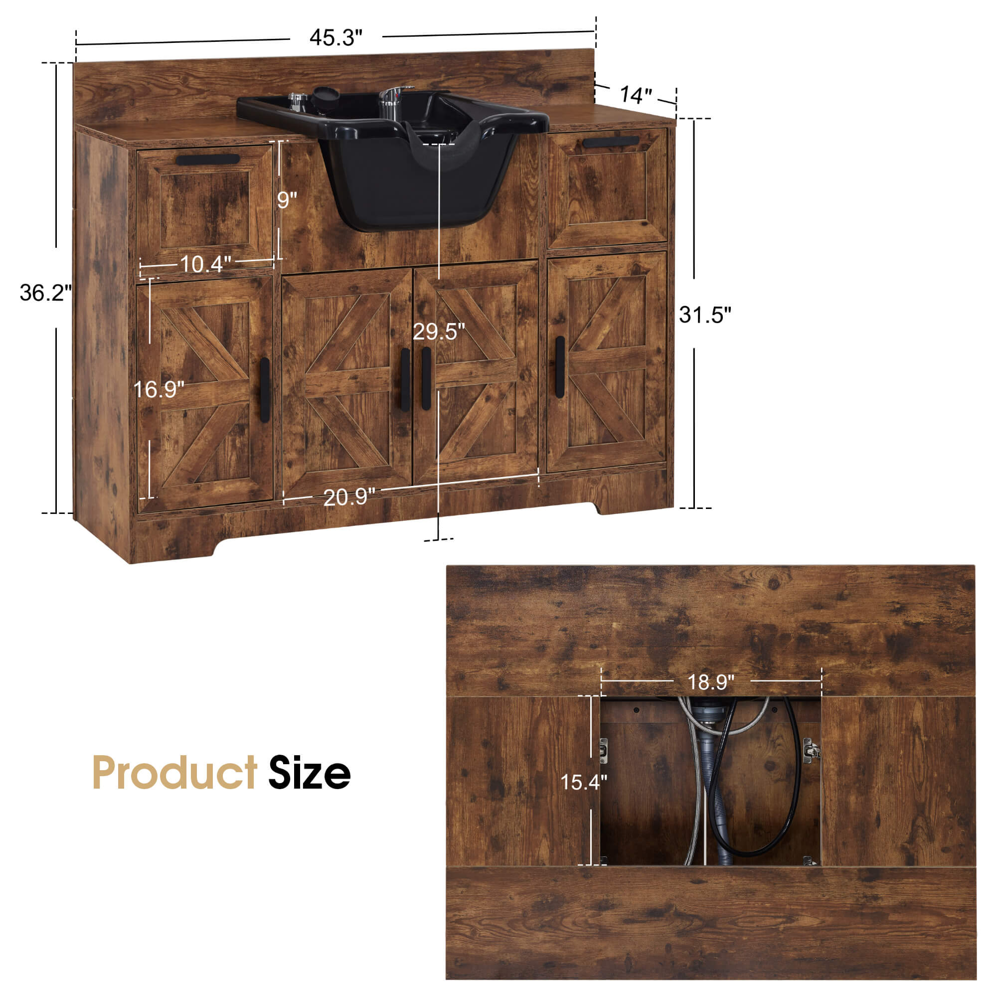 Barber Shampoo Storage Station, Hair Salon Shampoo Equipment with Backwash Sink & Cabinet 7137