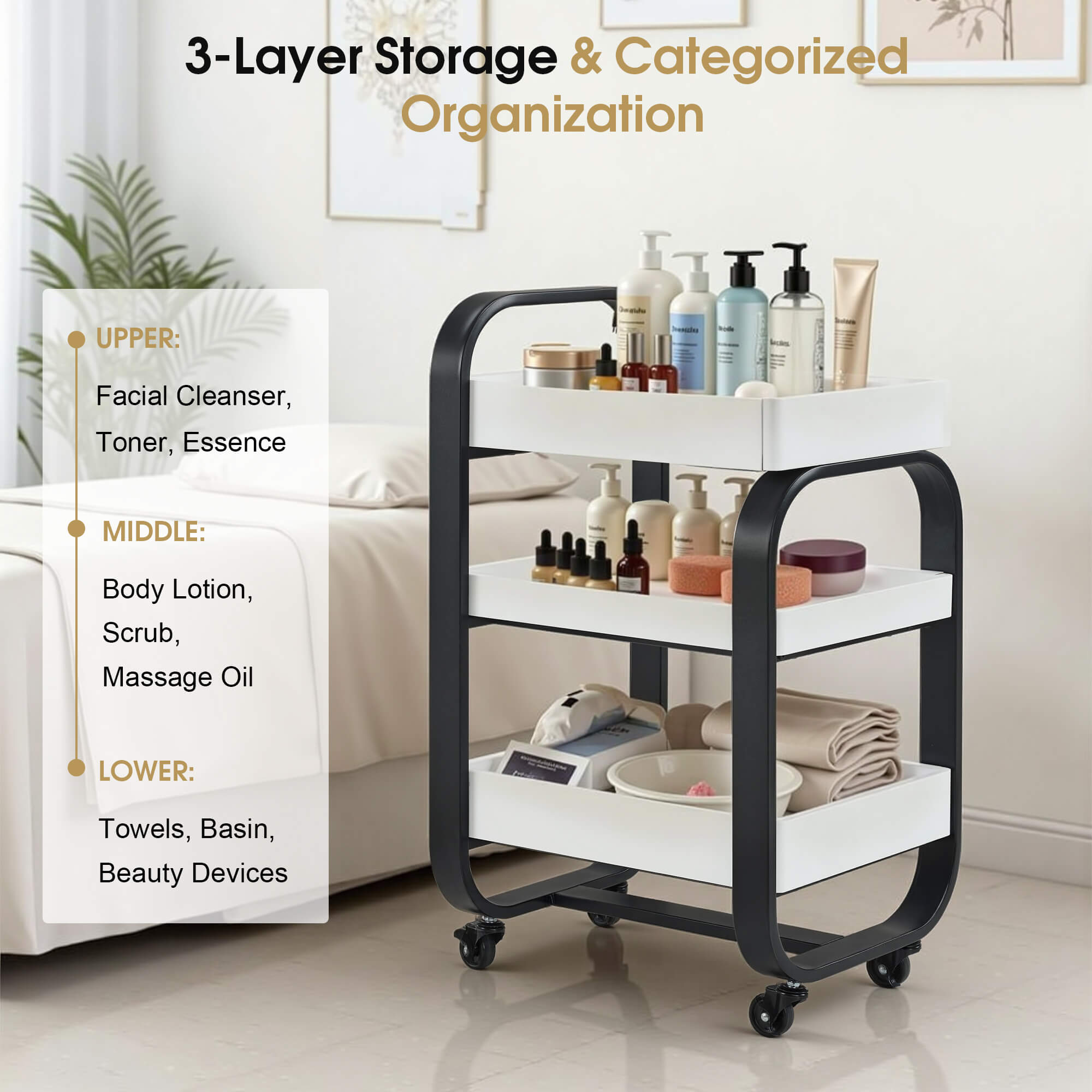 3-Tier Modern Salon Rolling Trolley with Metal Frame, Barber Storage Cart with Lockable Wheels 2085