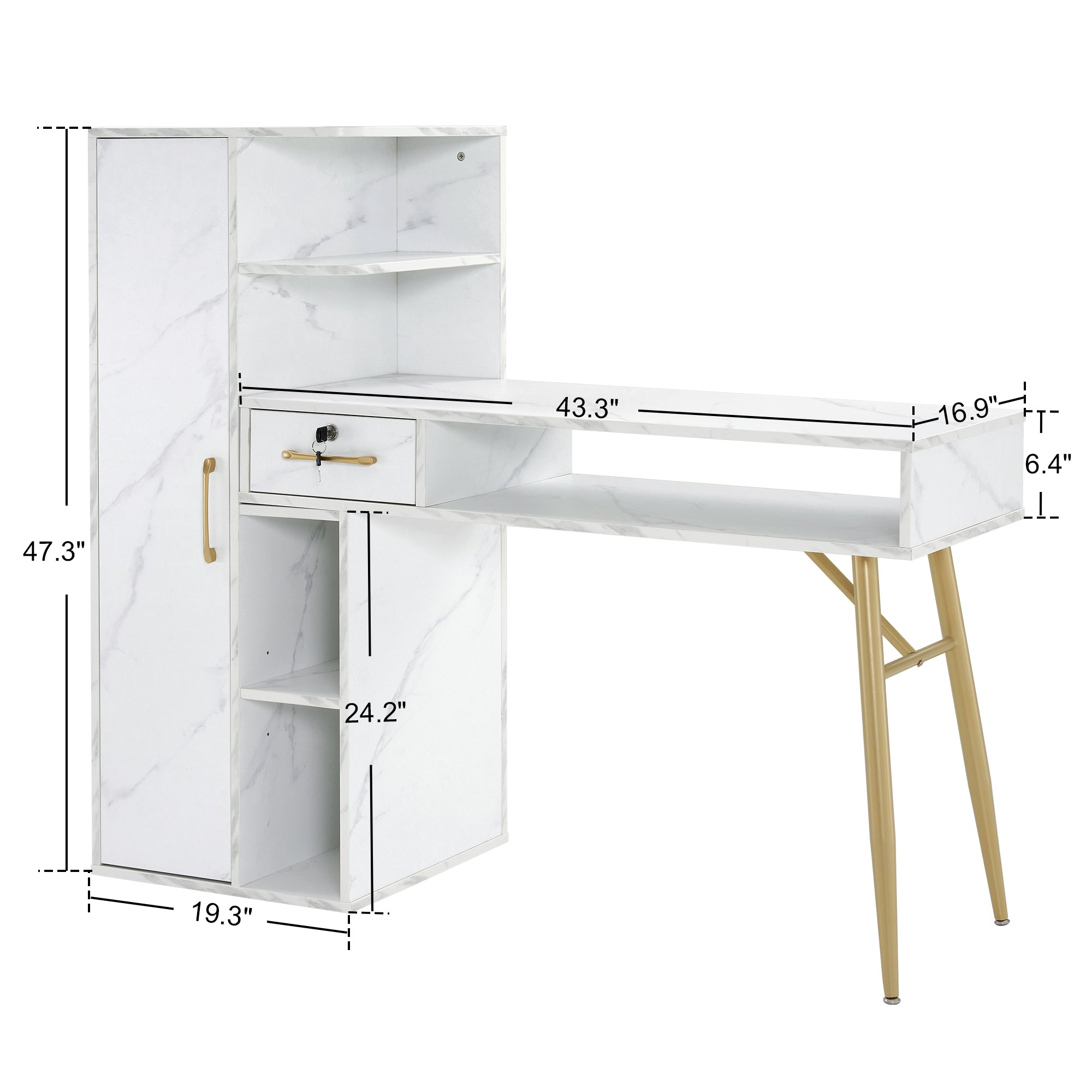 Marbling Textured Nail Art Desk for Storage, Manicure Table with Lockable Drawer 2622