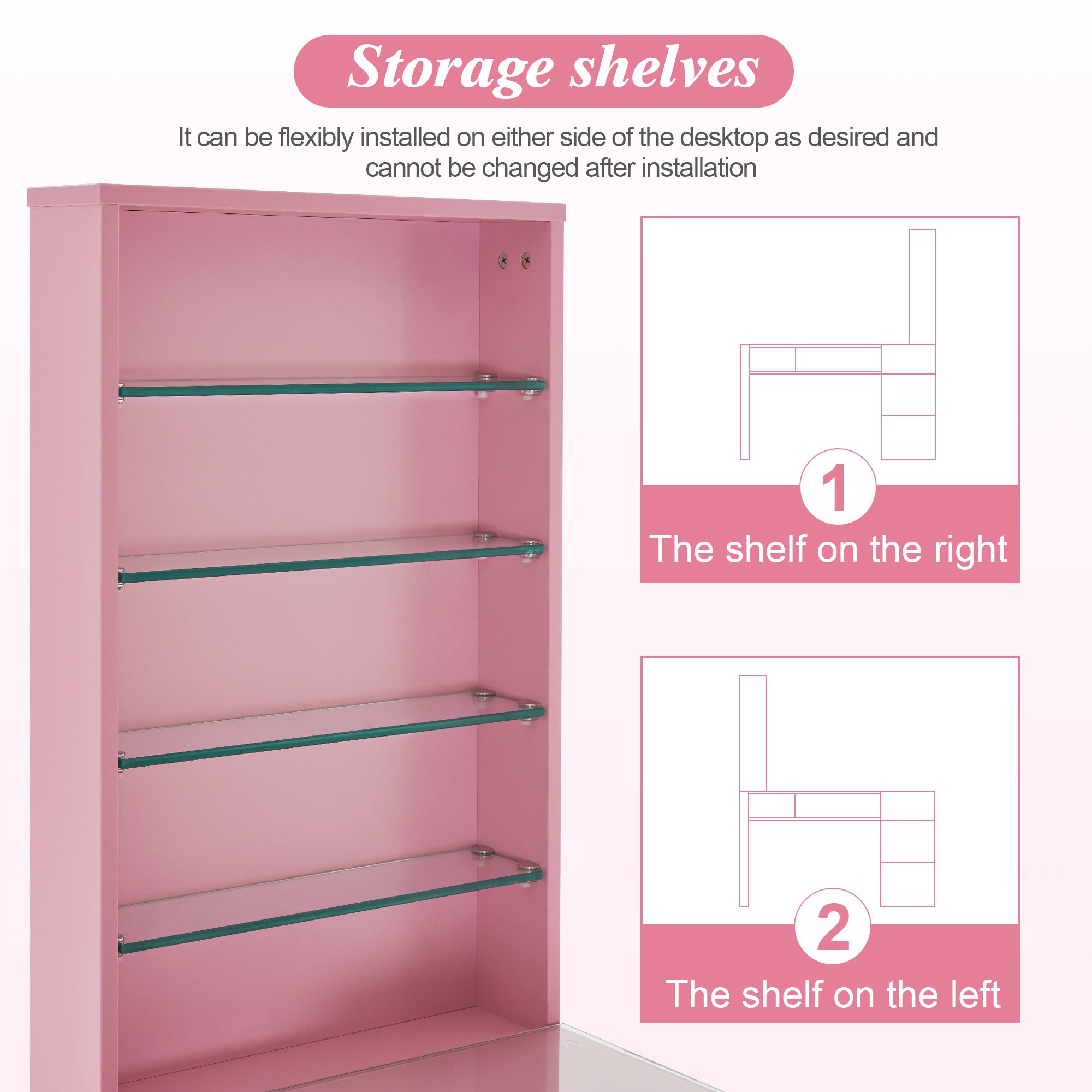 Glass Top Manicure Table With Open Shelves, Nail Tech Desk with Storage Drawers 2673