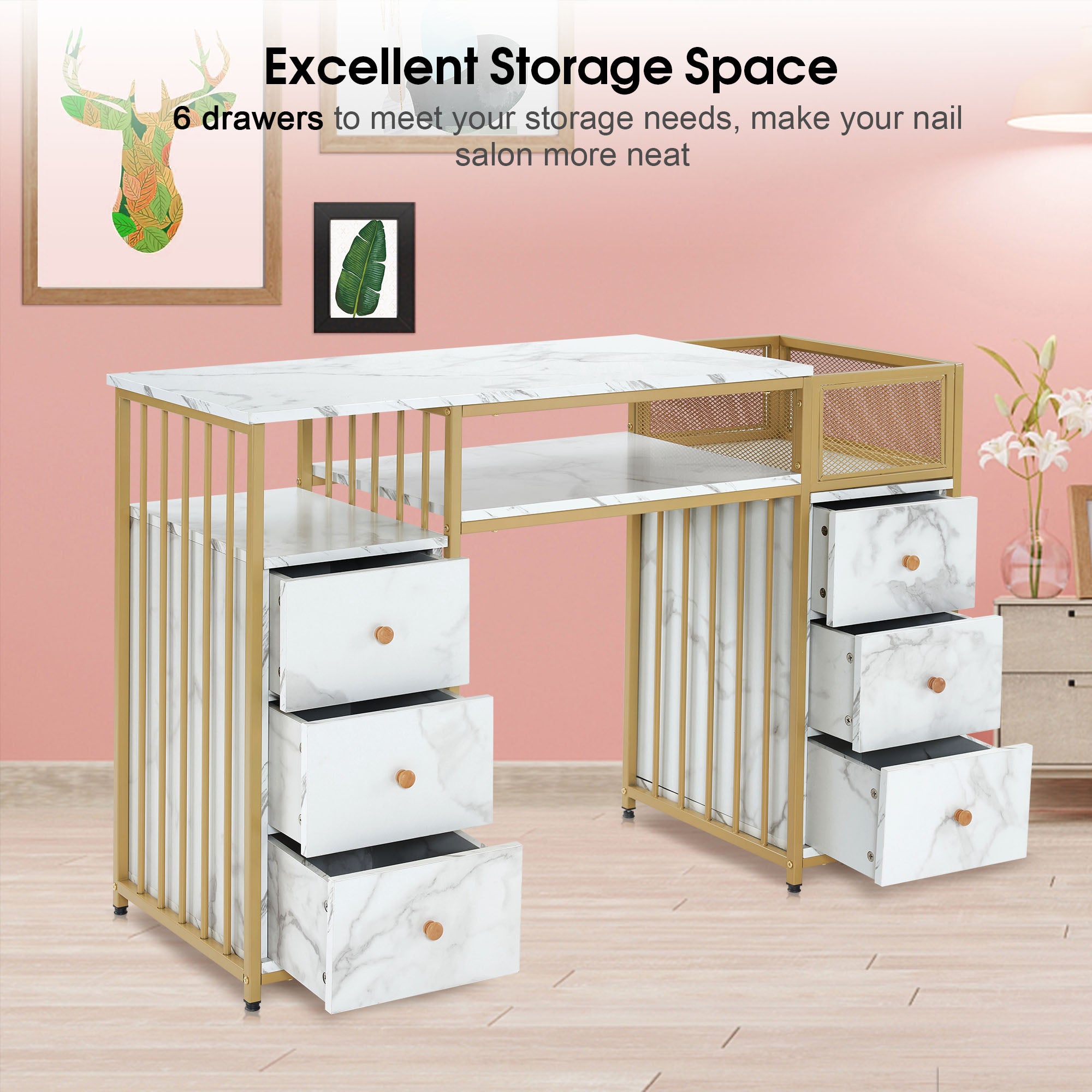 Marbling Nail Tech Desk with Metal Frame, Manicure Beauty Storage Organizer with Drawers 2425