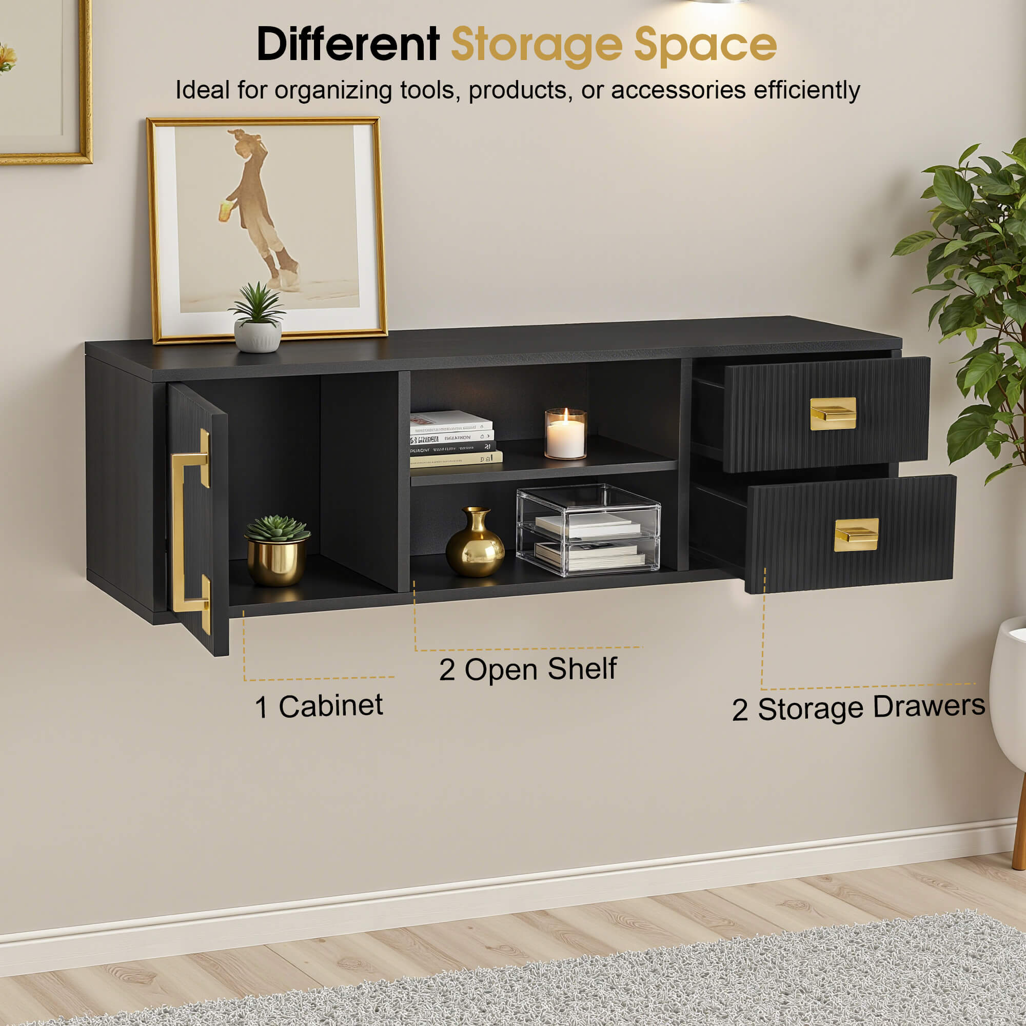 Black Fluted Wall Mounted Barber Station for Storage, Salon Beauty Cabinet with Golden Handle 2504