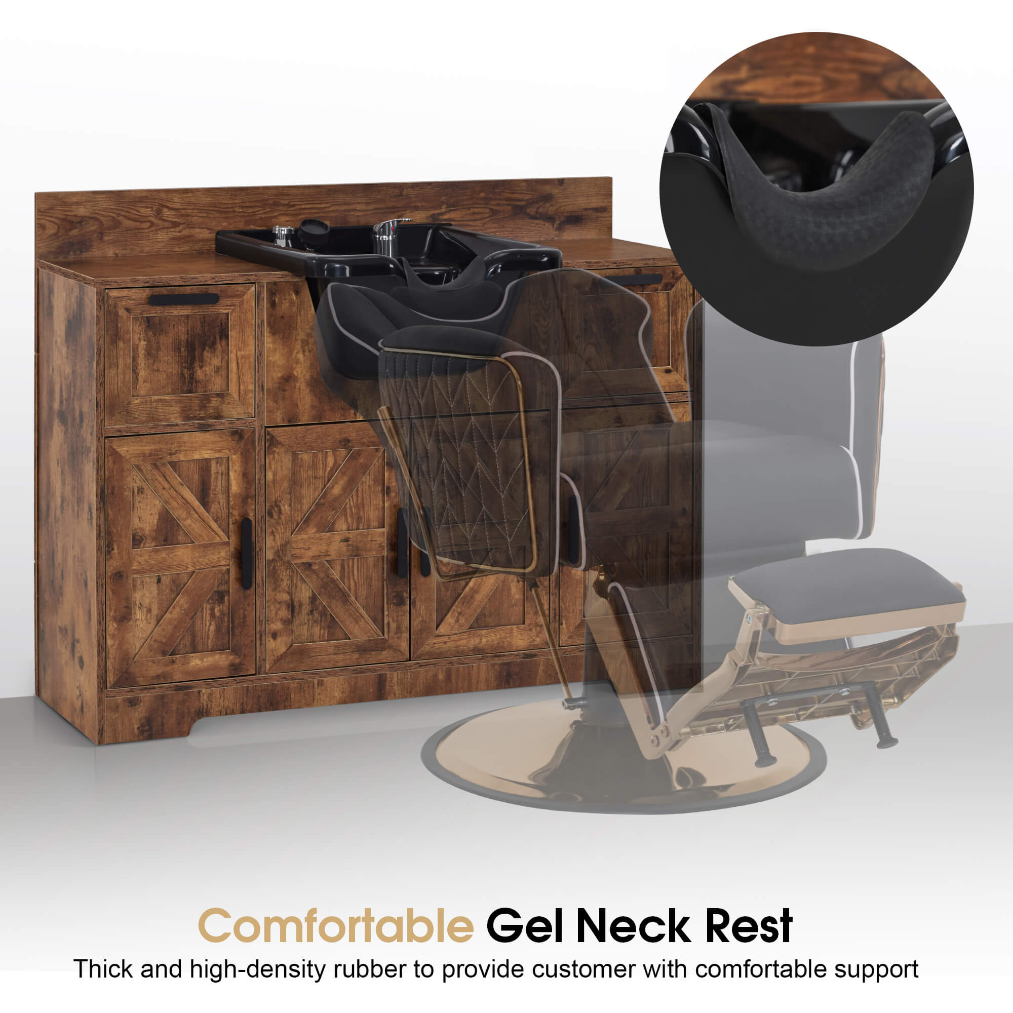 Barber Shampoo Storage Station, Hair Salon Shampoo Equipment with Backwash Sink & Cabinet 7137