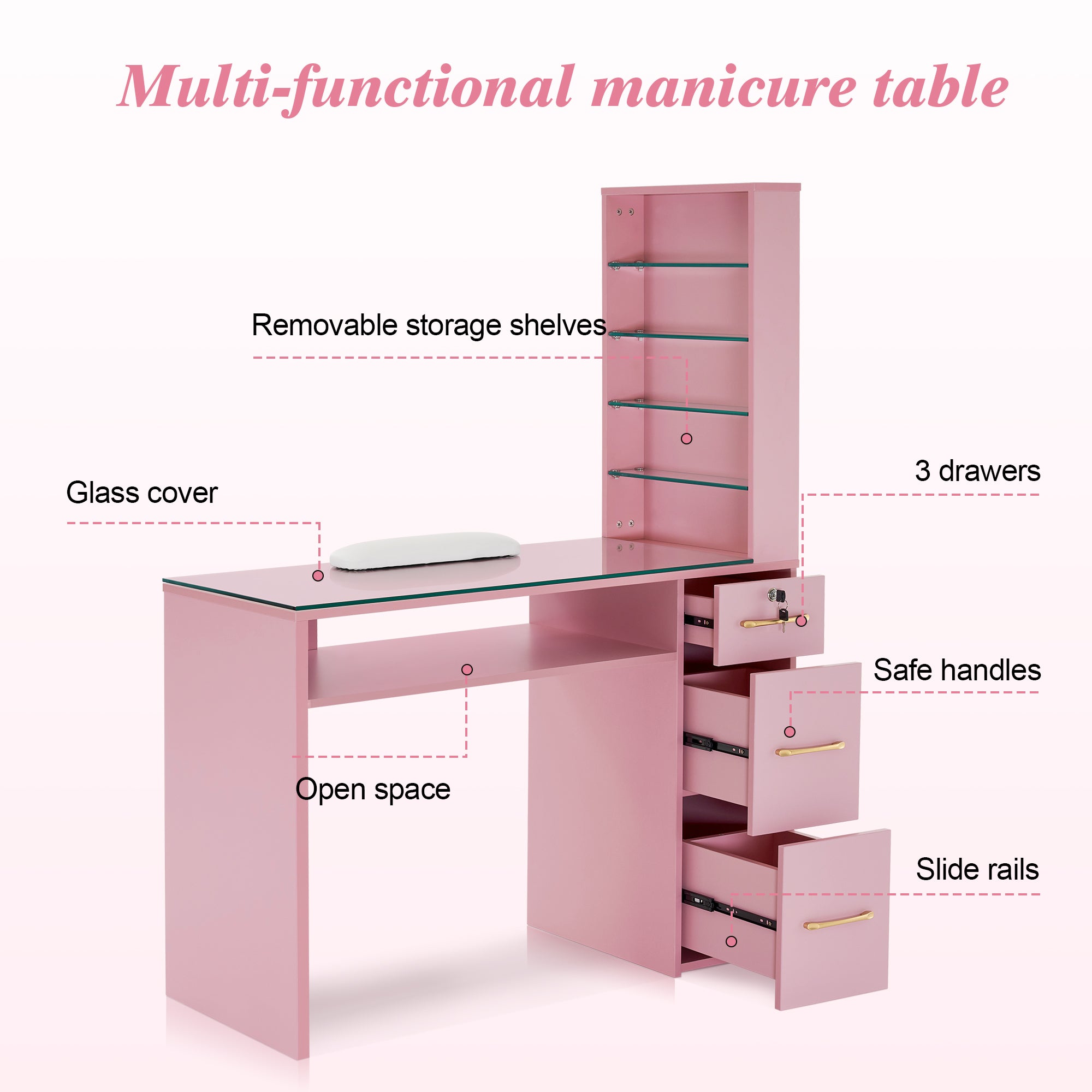 Glass Top Manicure Table With Open Shelves, Nail Tech Desk with Storage Drawers 2673