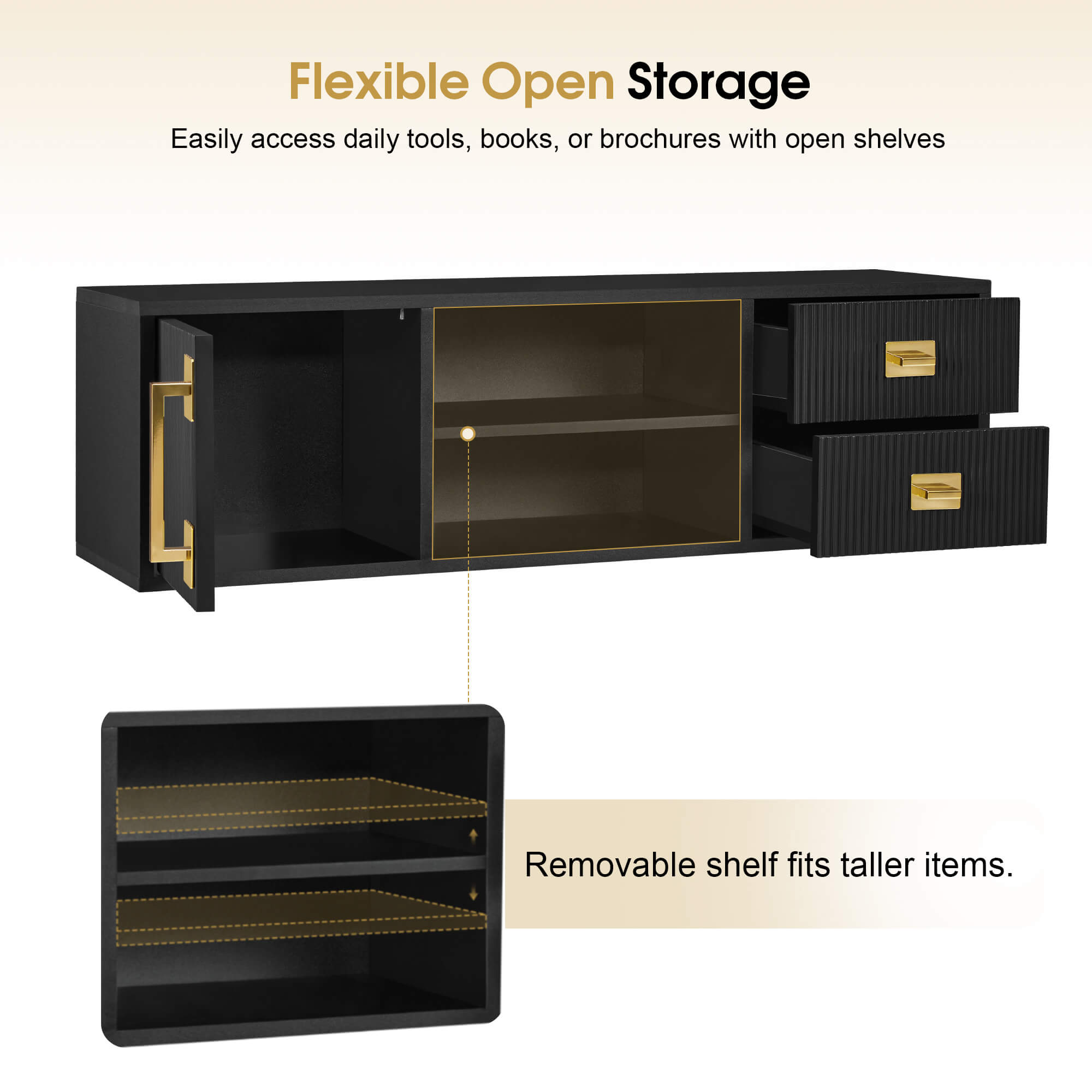 Black Fluted Wall Mounted Barber Station for Storage, Salon Beauty Cabinet with Golden Handle 2504