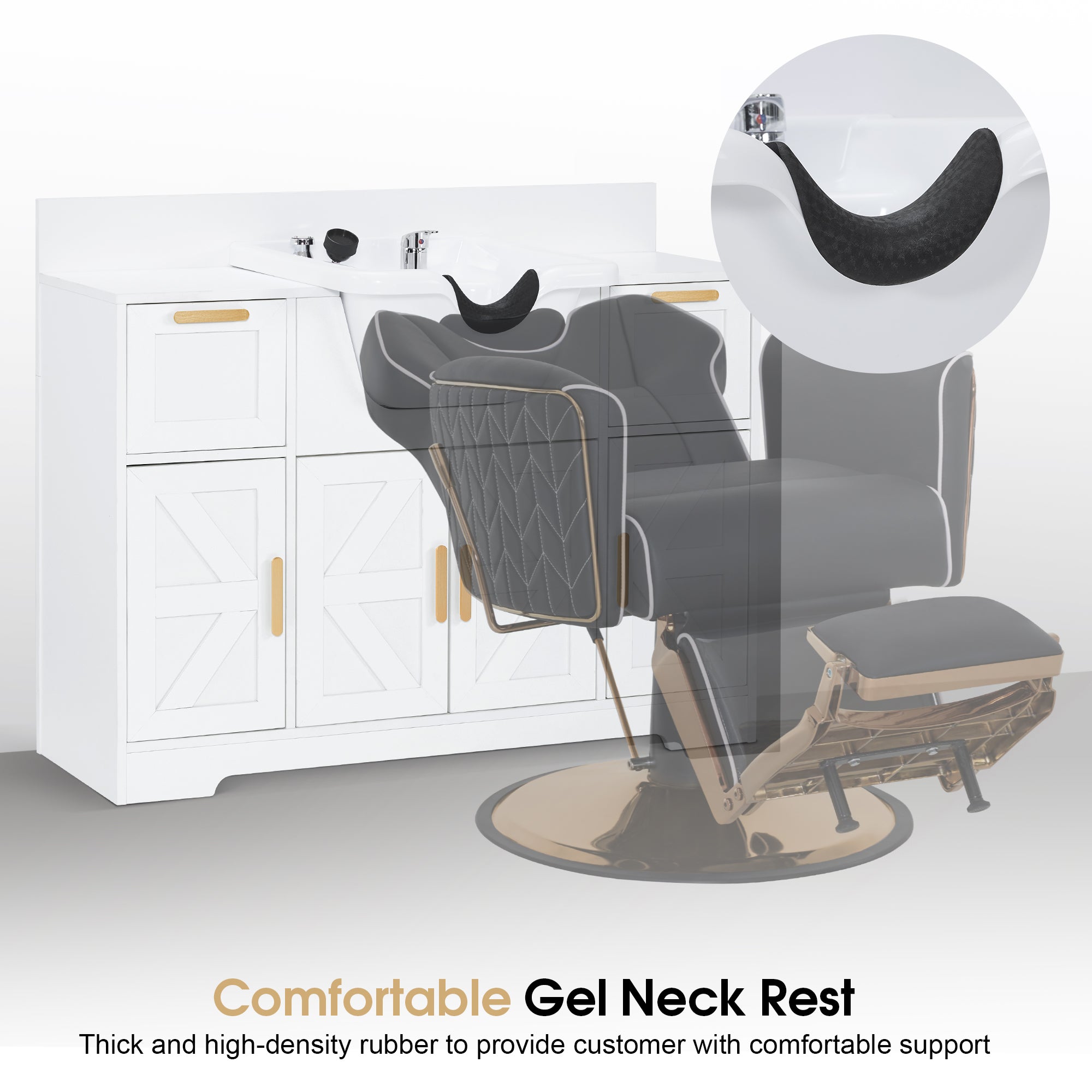 Barber Shampoo Storage Station, Hair Salon Shampoo Equipment with Backwash Sink & Cabinet 7137