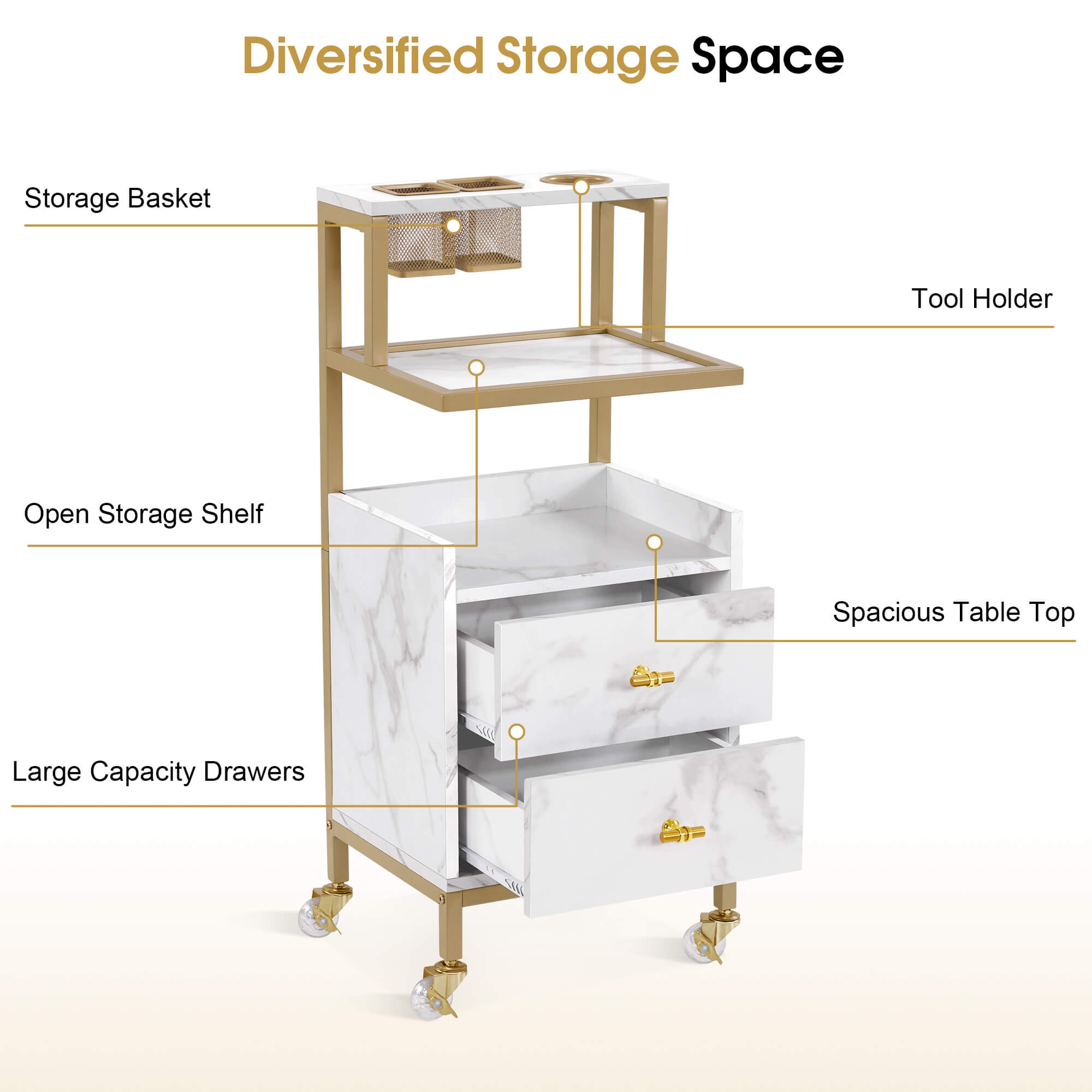 Beauty Salon Trolley with Tool Holders & Wheels, SPA Barber Rolling Cart with Metal Frame 2084