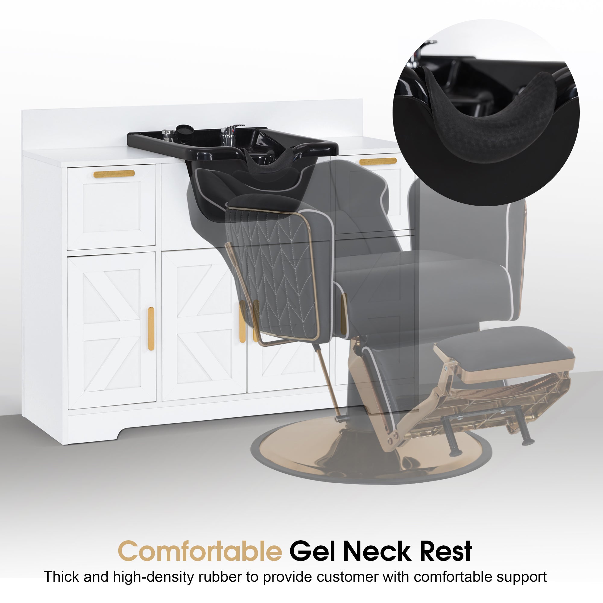 Barber Shampoo Storage Station, Hair Salon Shampoo Equipment with Backwash Sink & Cabinet 7137