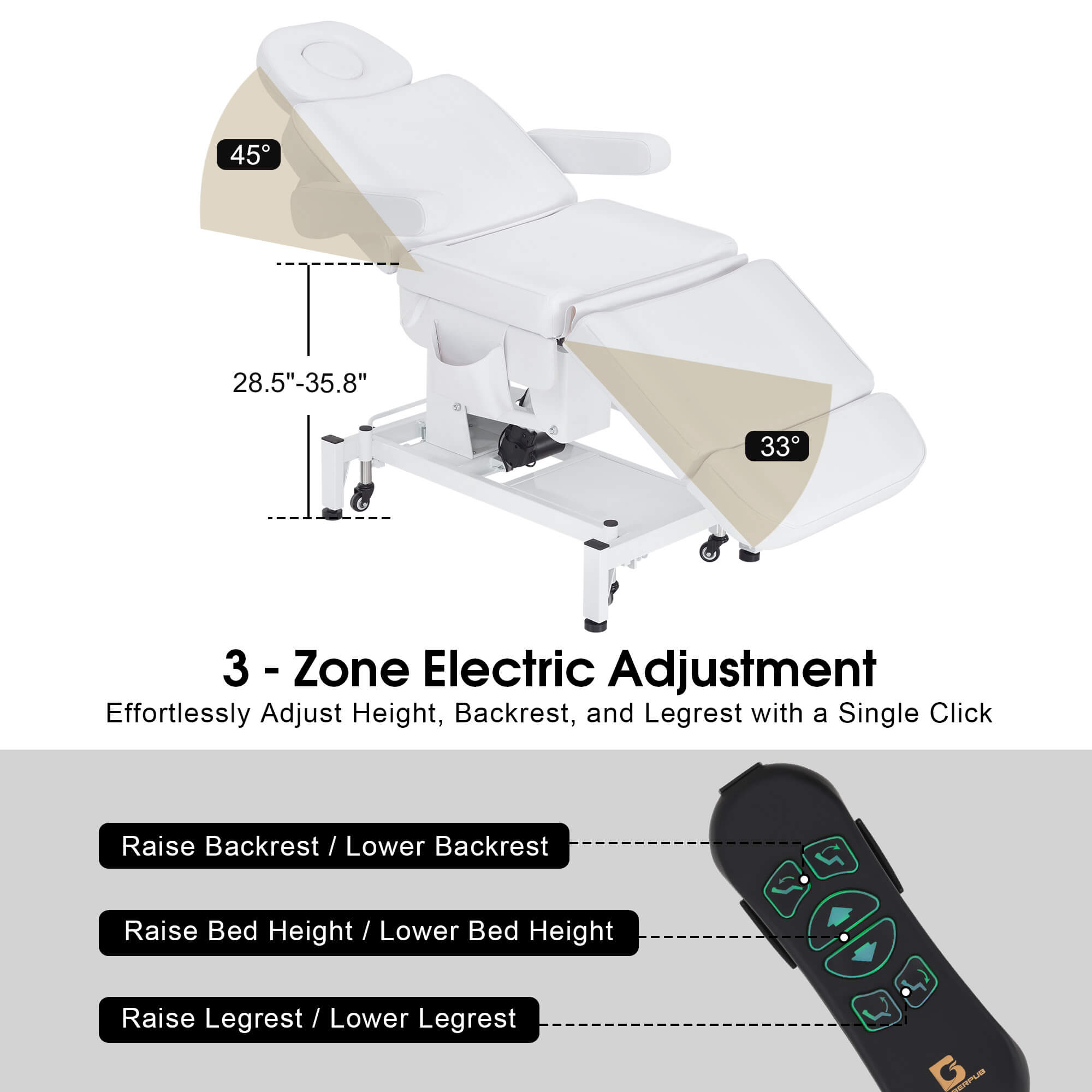 Professional 3-Motor Electric Beauty Bed with Foot-Controlled Wheels, Height, Backrest & Leg Rest Adjustable 2754