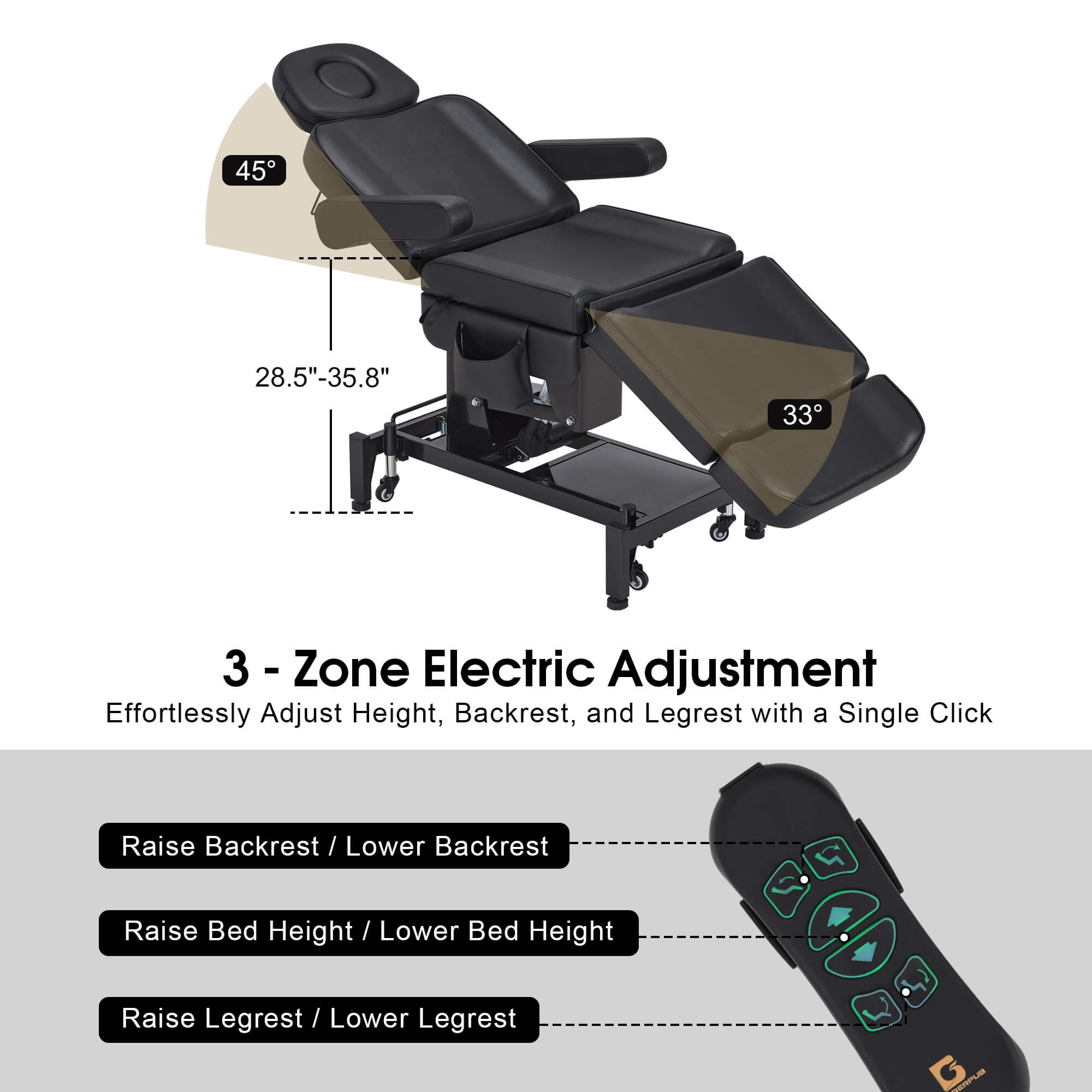 3 Motors Adjustable Electric Massage Beauty Bed, Spa Facial Chair with Foot Casters, PVC Leather 2754
