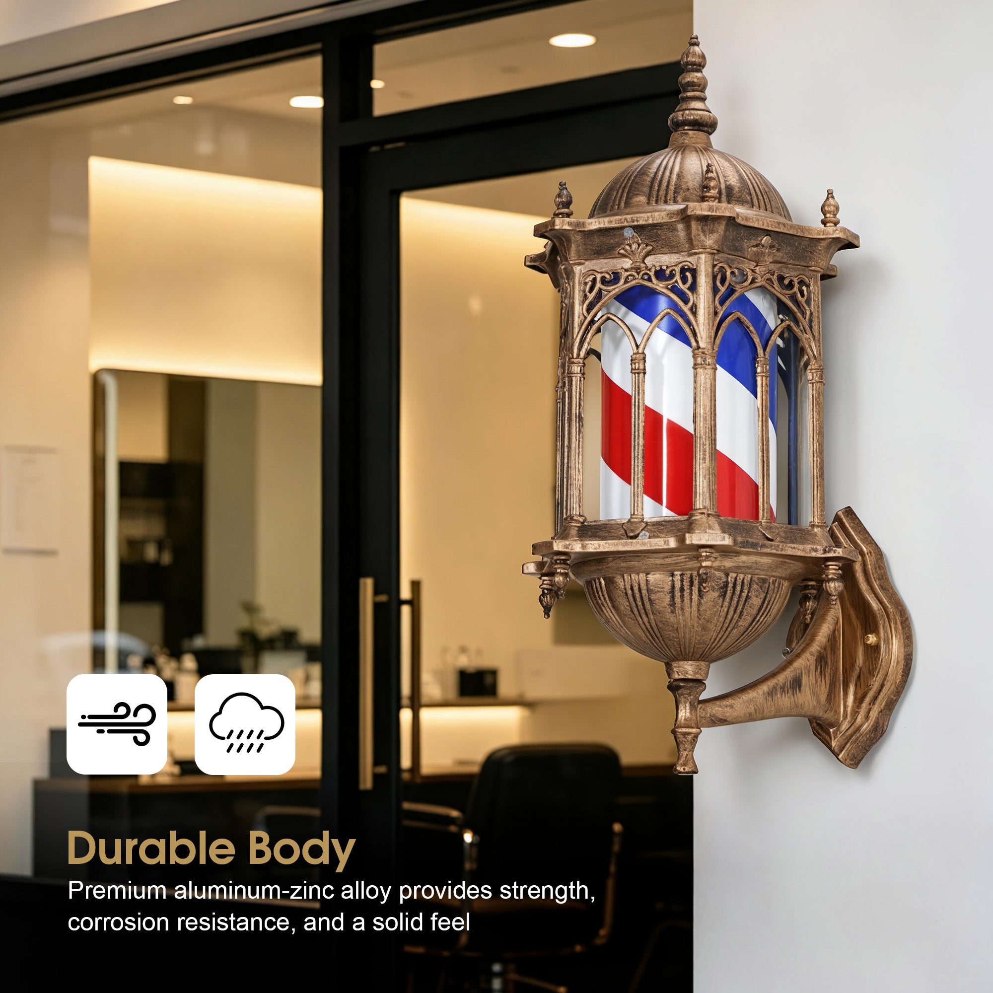 BarberPub Retro Wall-Mounted Barber Pole with Rotating LED Strips, Waterproof Spinning Hair Salon Open Sign L082