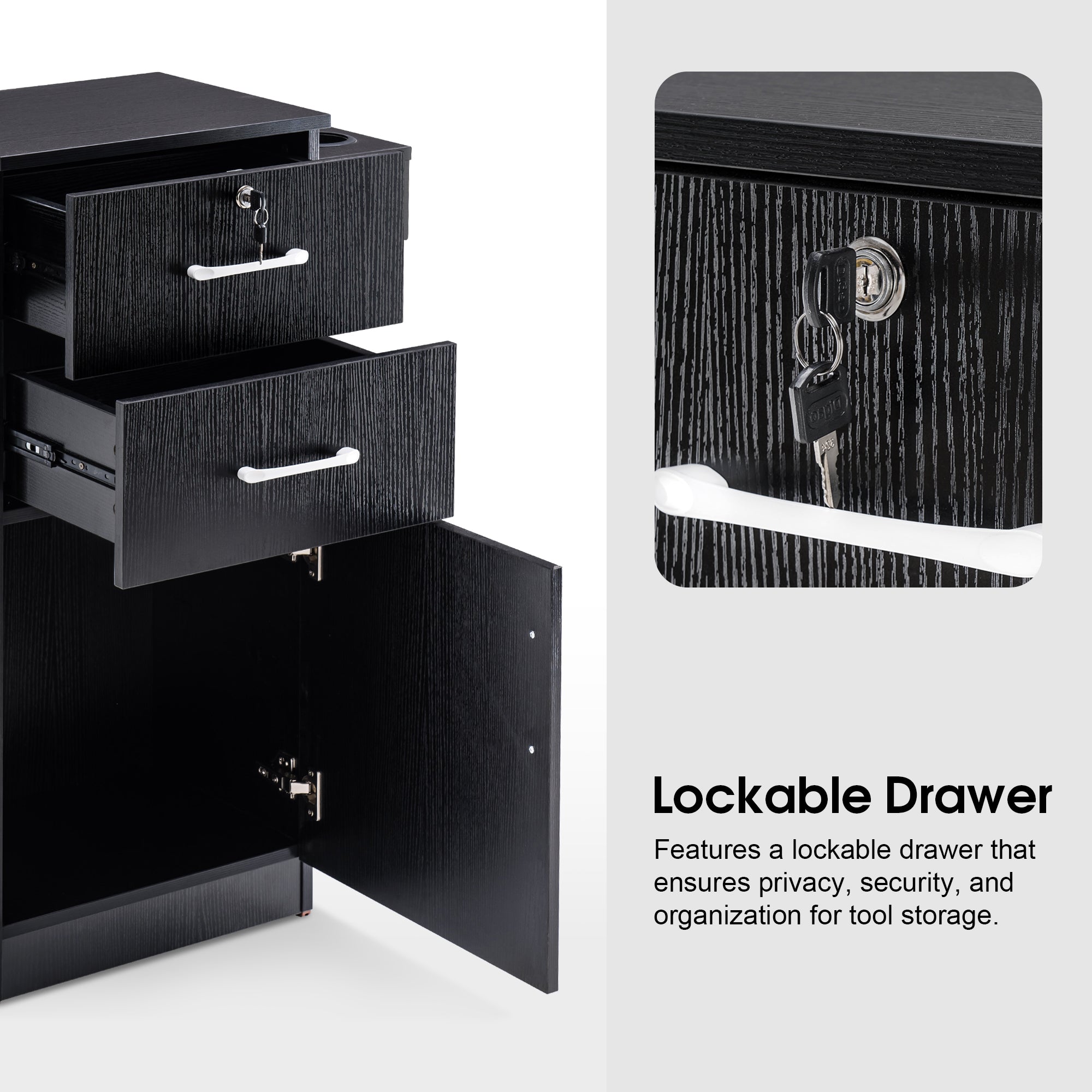 Modern Salon Station with Lockable Drawer & Cabinet, Storage Barber Cabinet for Hair Salon 2021