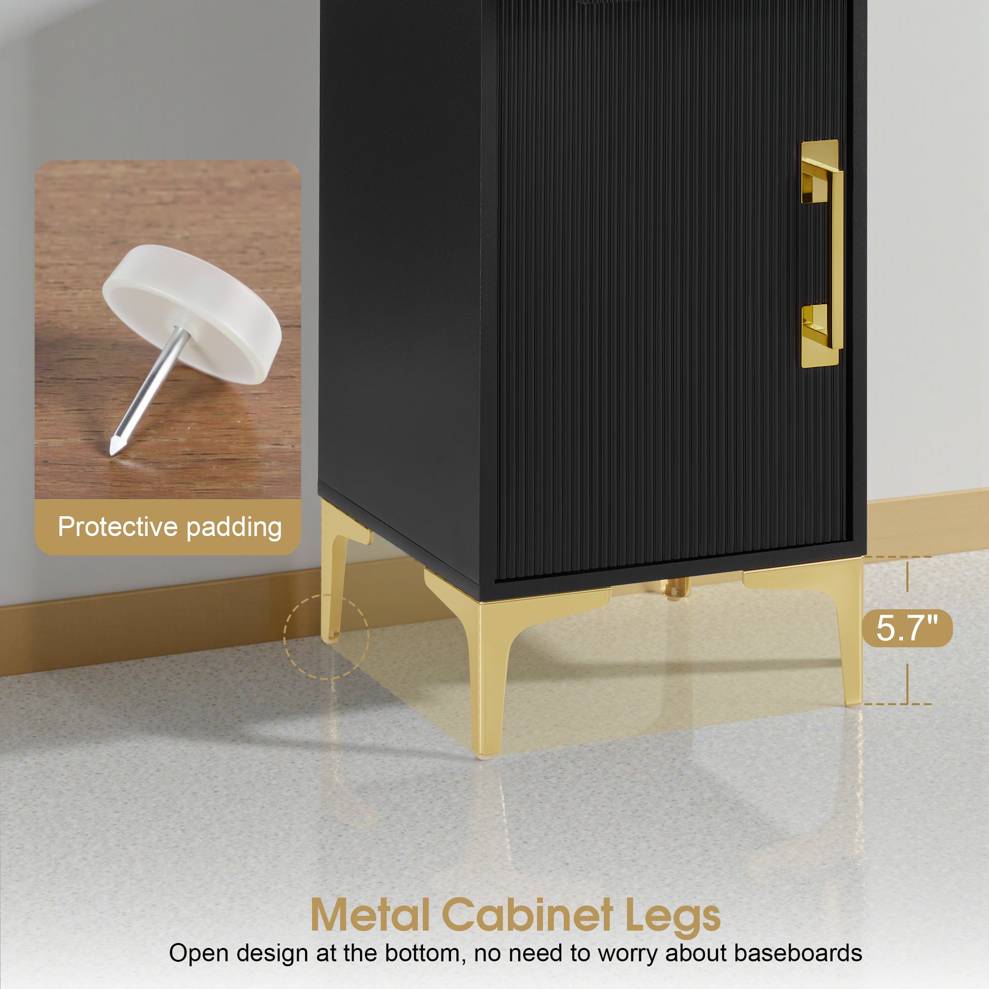 Black Fluted Free-Standing Barber Station for Storage, Salon Beauty Cabinet with Golden Handle 2027