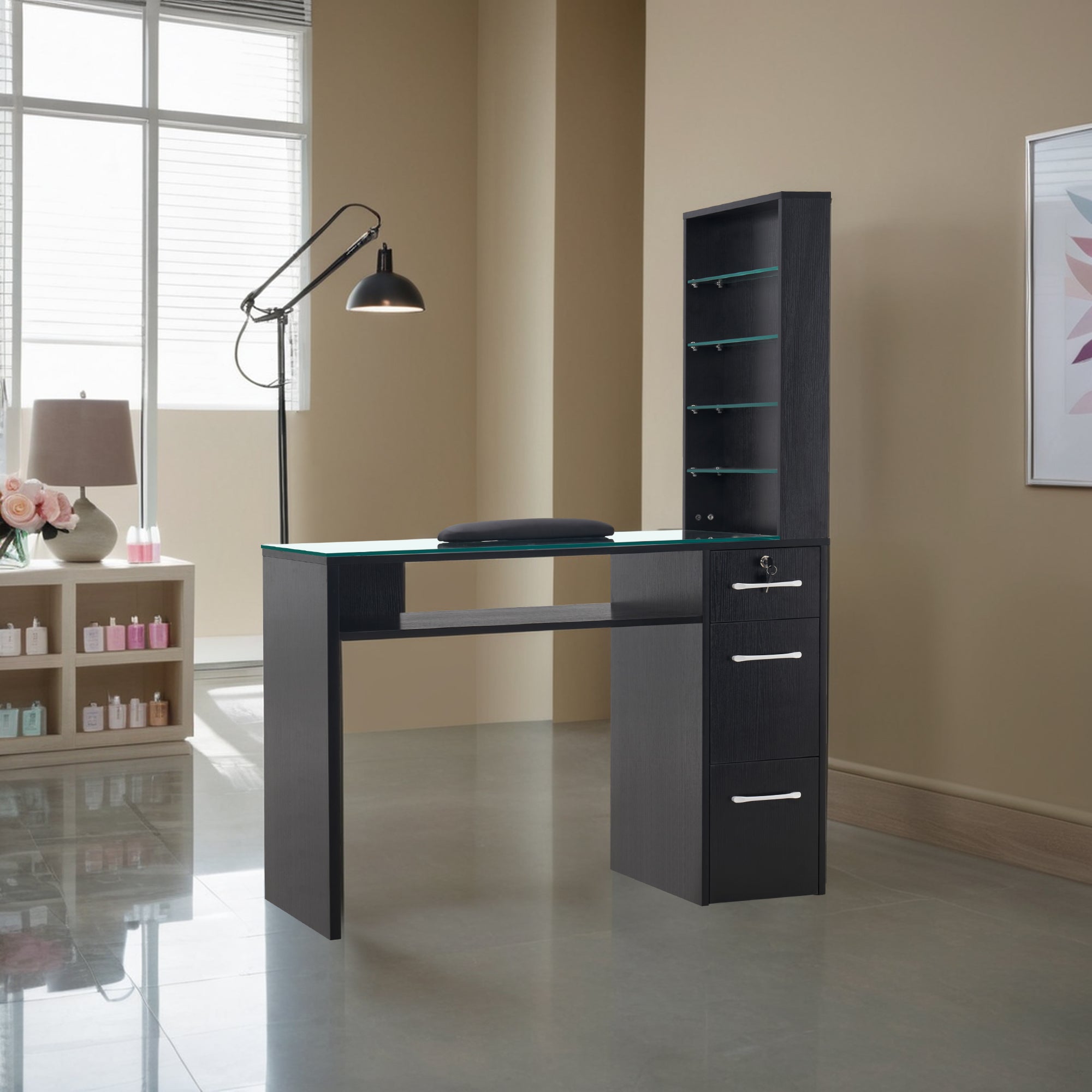 Glass Top Manicure Table With Open Shelves, Nail Tech Desk with Storage Drawers 2673