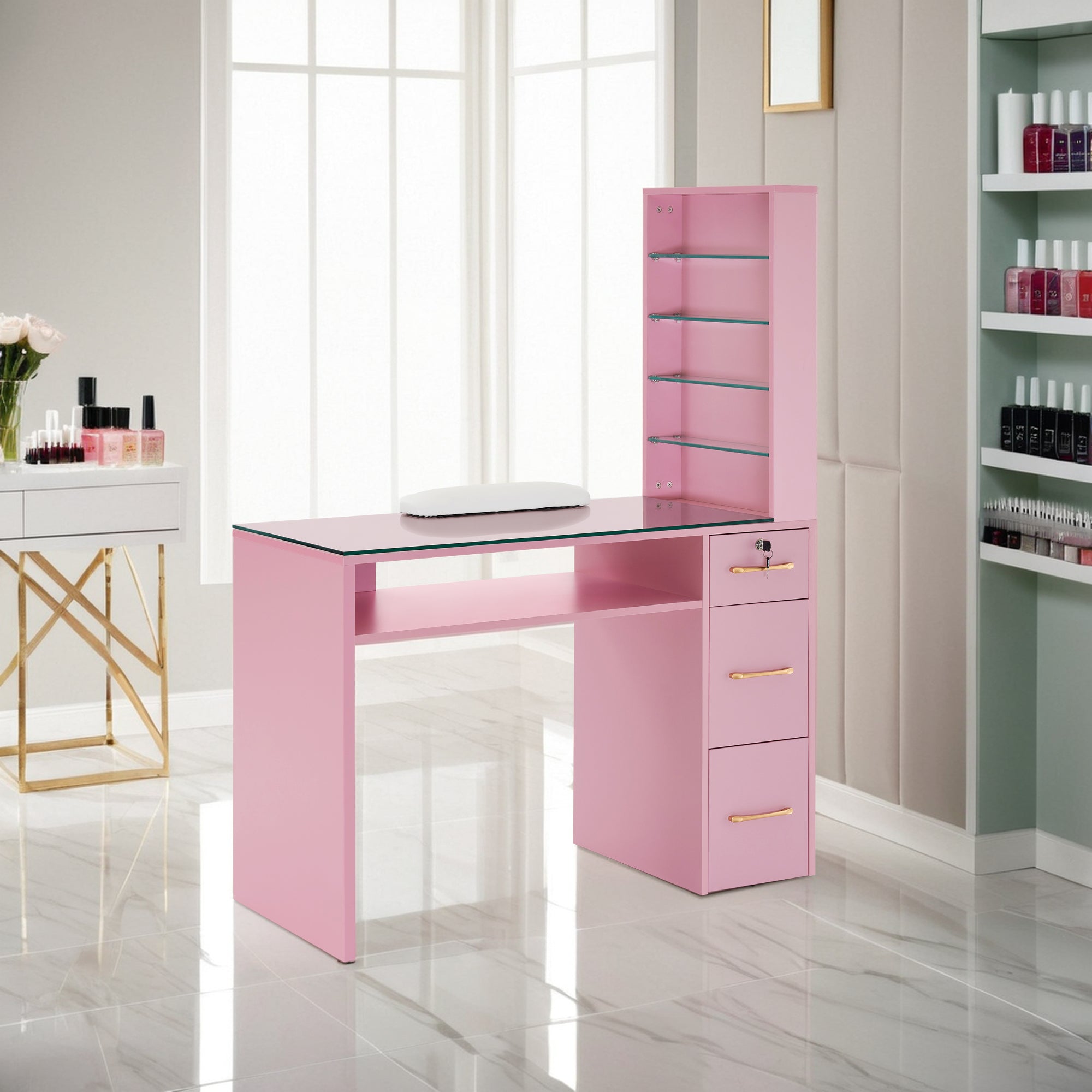 Glass Top Manicure Table With Open Shelves, Nail Tech Desk with Storage Drawers 2673