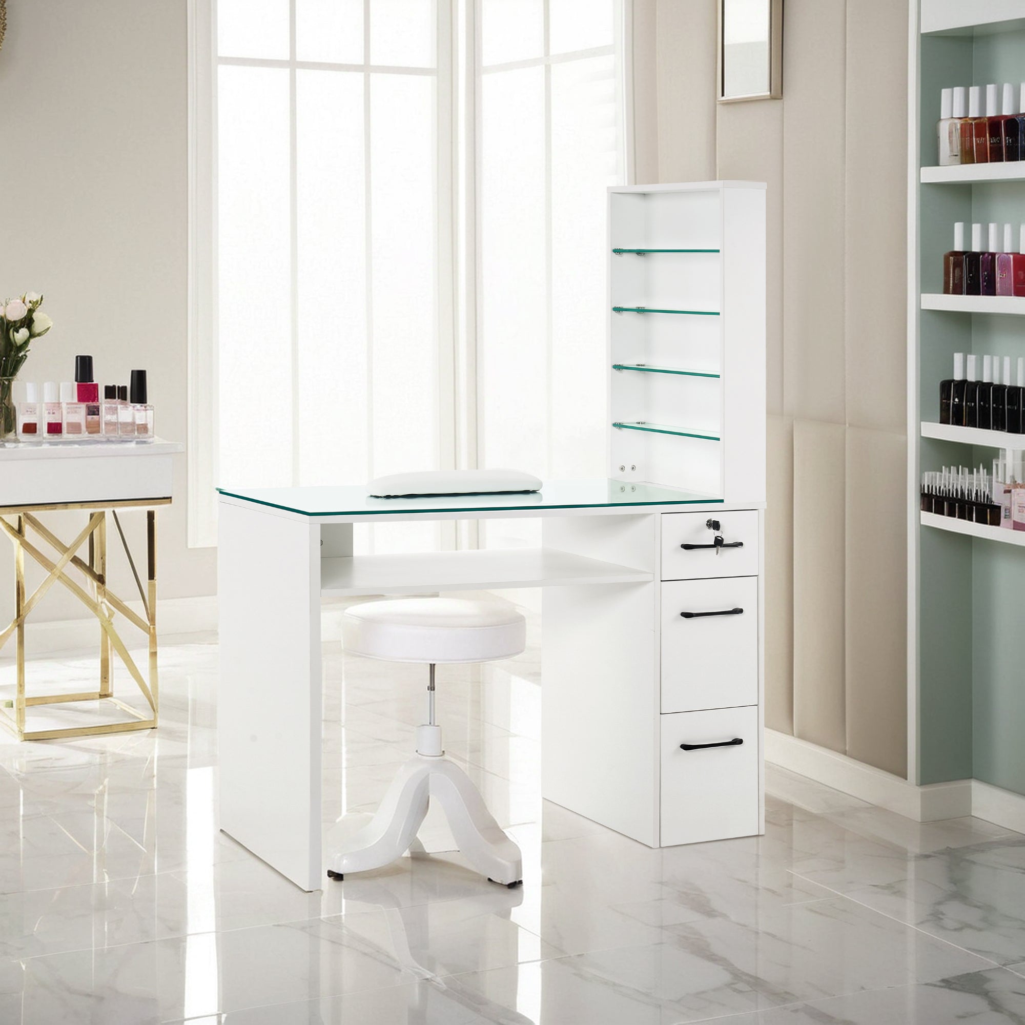 Glass Top Manicure Table With Open Shelves, Nail Tech Desk with Storage Drawers 2673