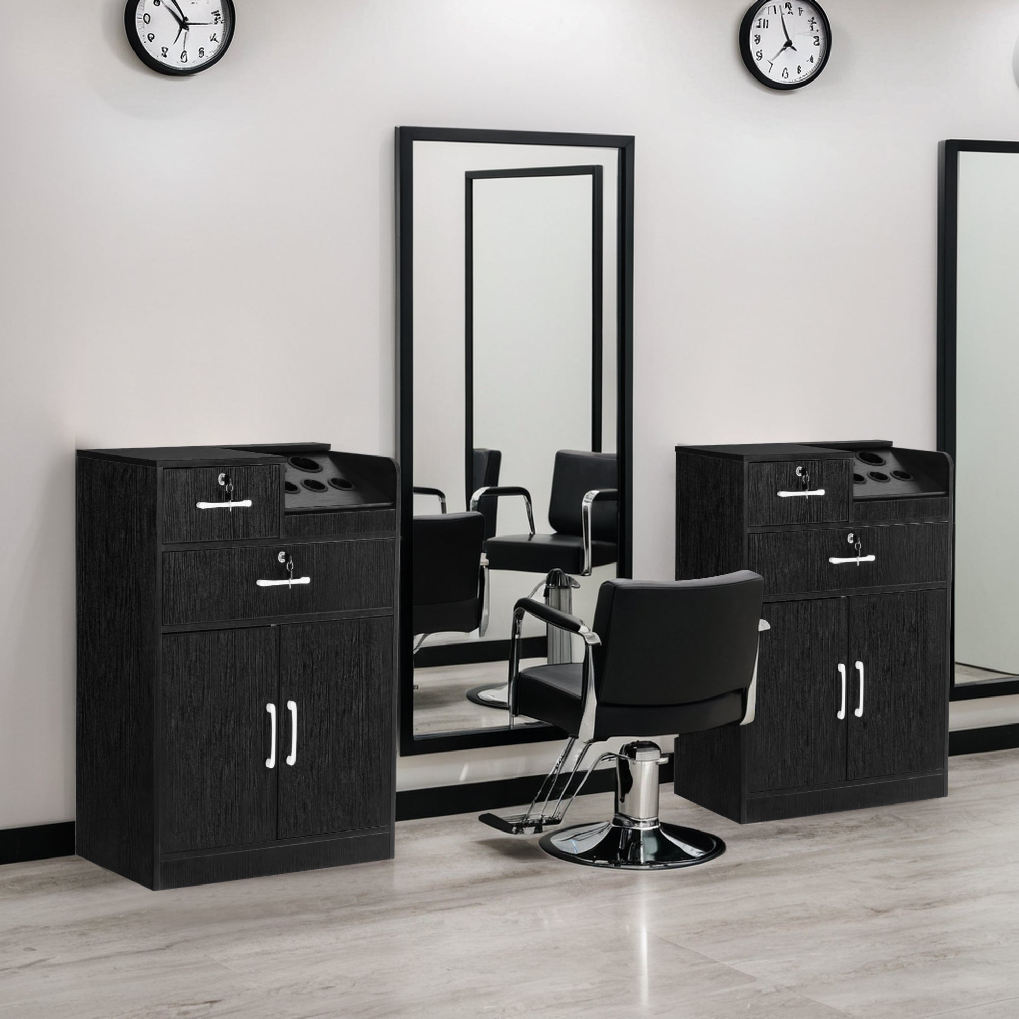 Hair Salon Storage Station with Lockable Drawer & Cabinet, Utility Barber Equipment with Tool Holders 2032