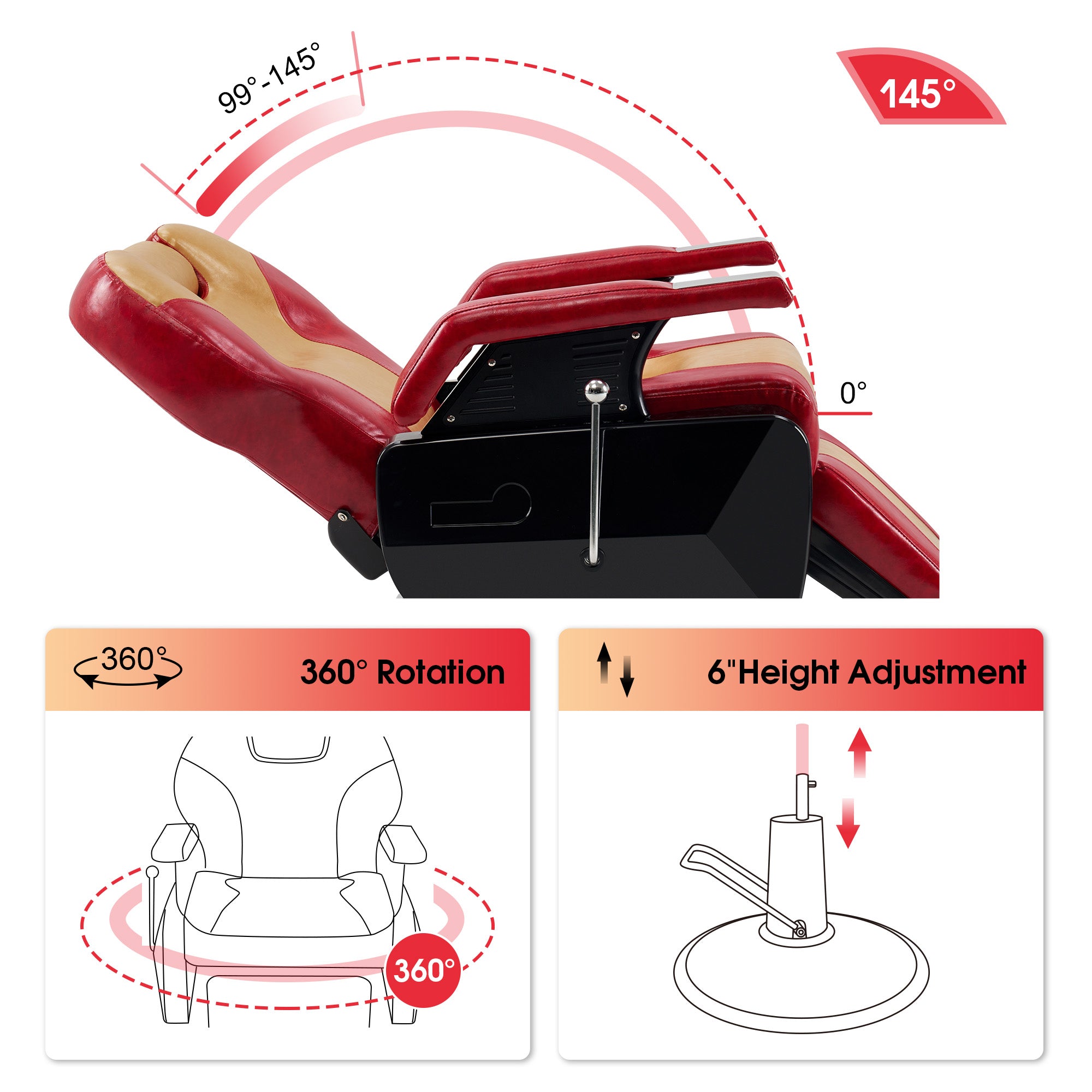 BarberPub Reclining Barber Chair, All Purpose Hydraulic Chair with Headrest 2688