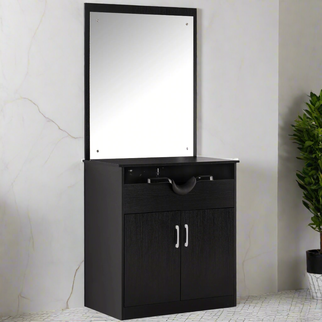 Modern Shampoo Station with Storage Cabinet, Spa Backwash Shampoo Equipment with Mirror 3130