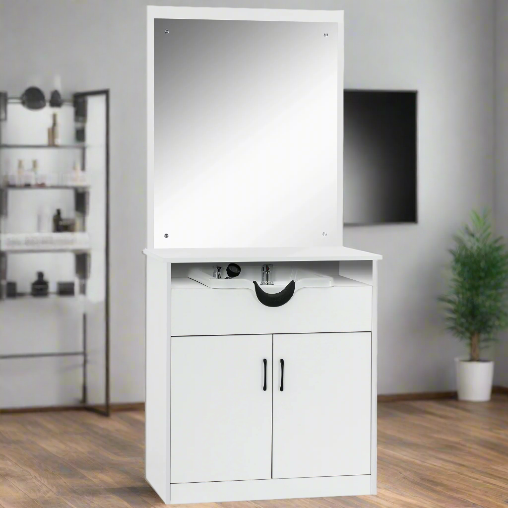 Modern Shampoo Station with Storage Cabinet, Spa Backwash Shampoo Equipment with Mirror 3130