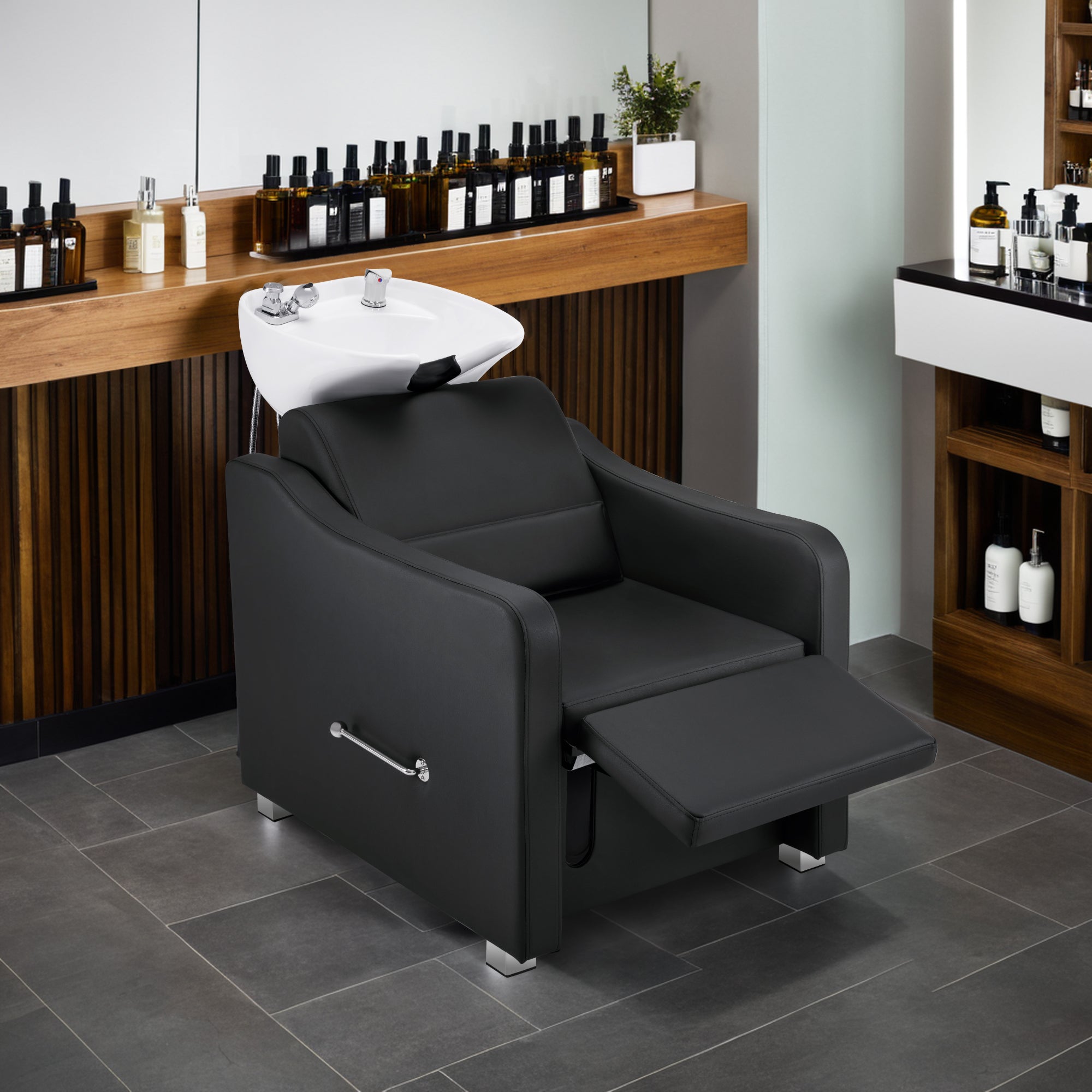 BarberPub Backwash Shampoo Station Chair, Ceramic Hair Wash Bowl for Salon 9364