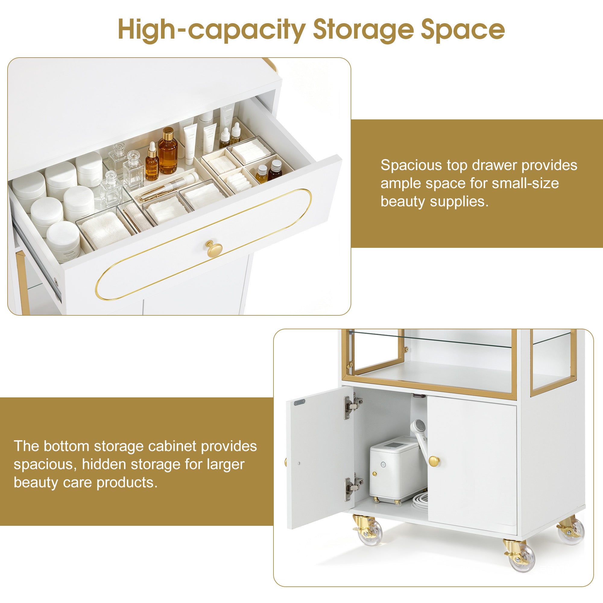 BarberPub Salon Trolley Cart with Drawer & Lockable Wheels 2077 | Premium White & Gold Salon Cart with Ample Multi-Drawer Storage, Spa Professional Cart with Storage Cabinet & Shelf