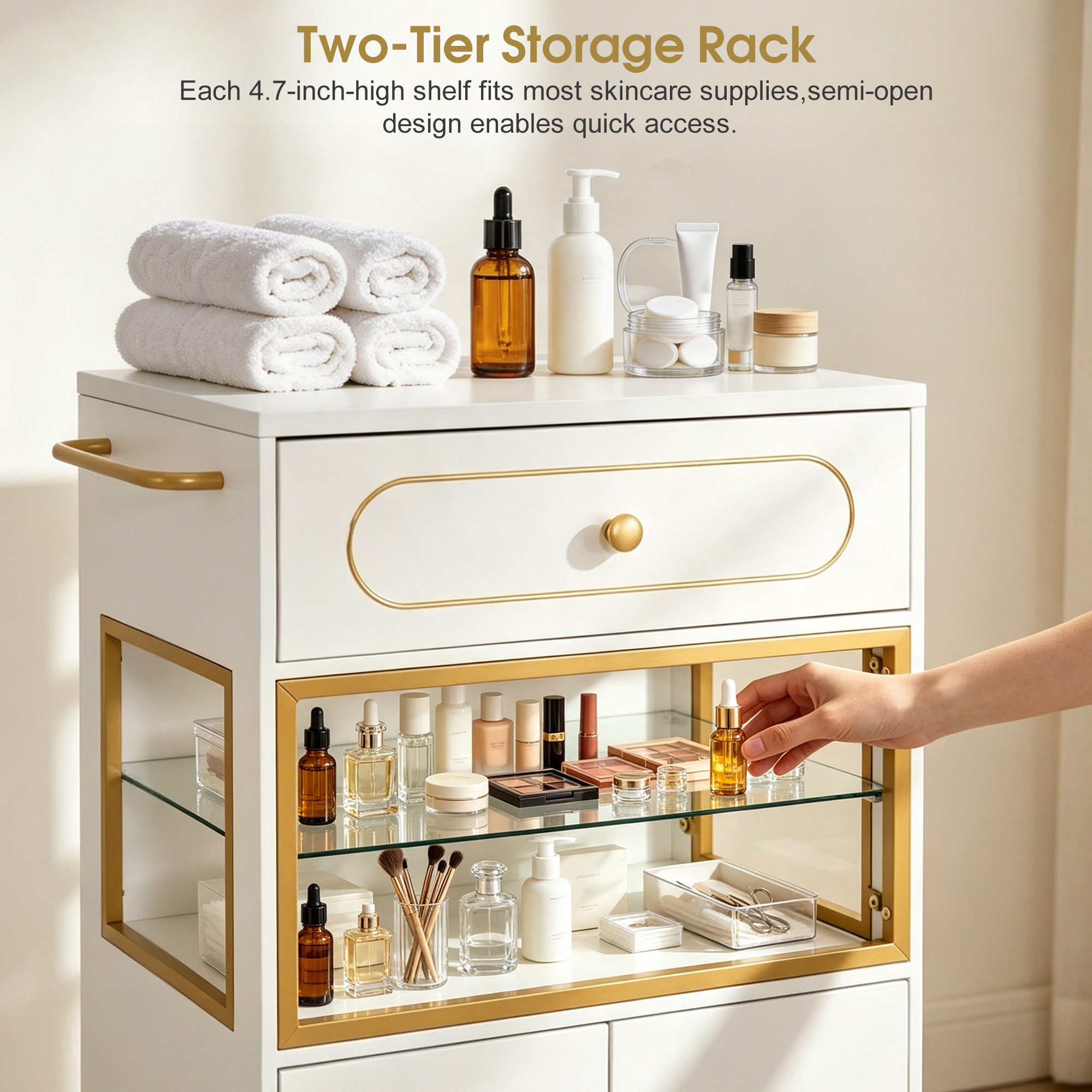 BarberPub Salon Trolley Cart with Drawer & Lockable Wheels 2077 | Premium White & Gold Salon Cart with Ample Multi-Drawer Storage, Spa Professional Cart with Storage Cabinet & Shelf