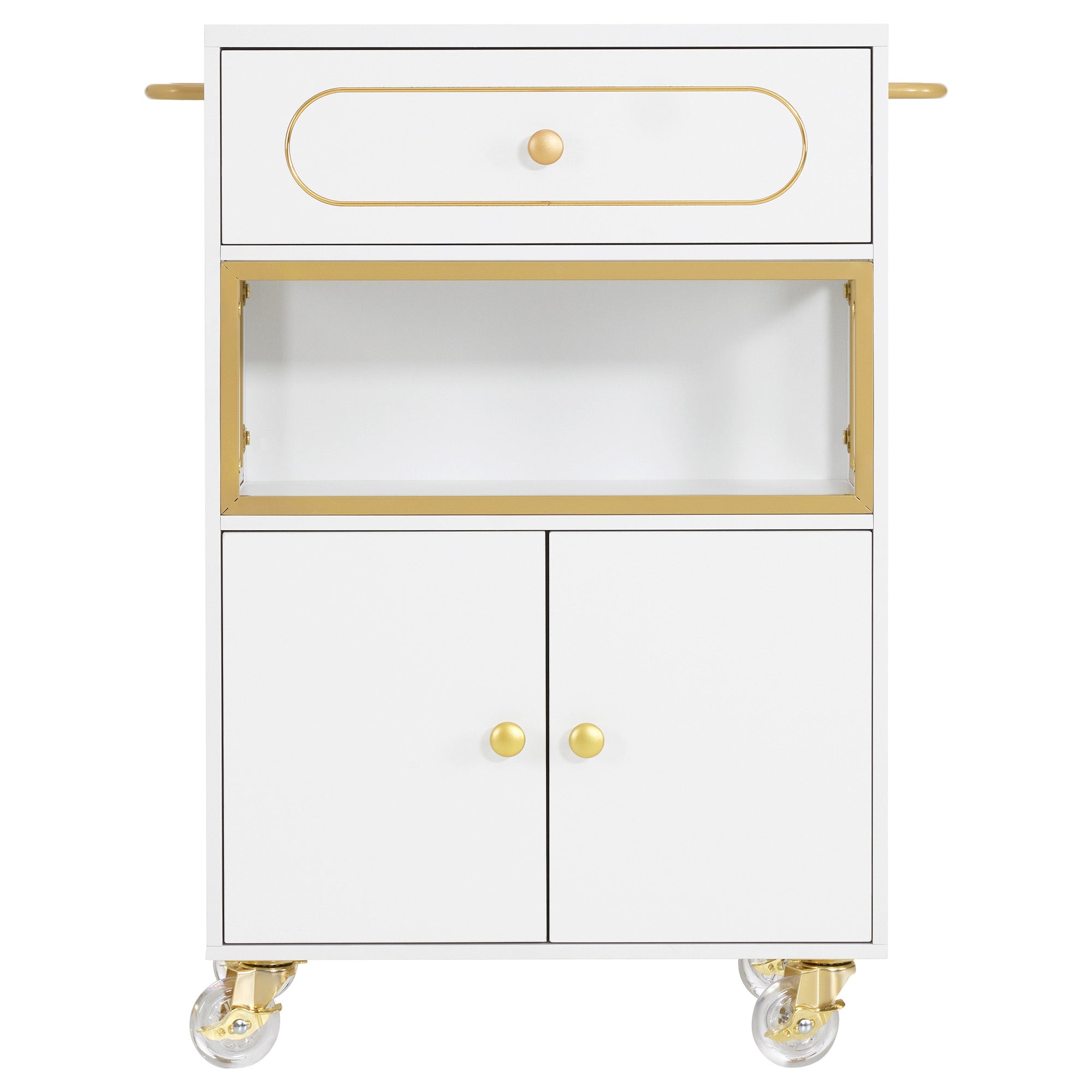BarberPub Salon Trolley Cart with Drawer & Lockable Wheels 2077 | Premium White & Gold Salon Cart with Ample Multi-Drawer Storage, Spa Professional Cart with Storage Cabinet & Shelf