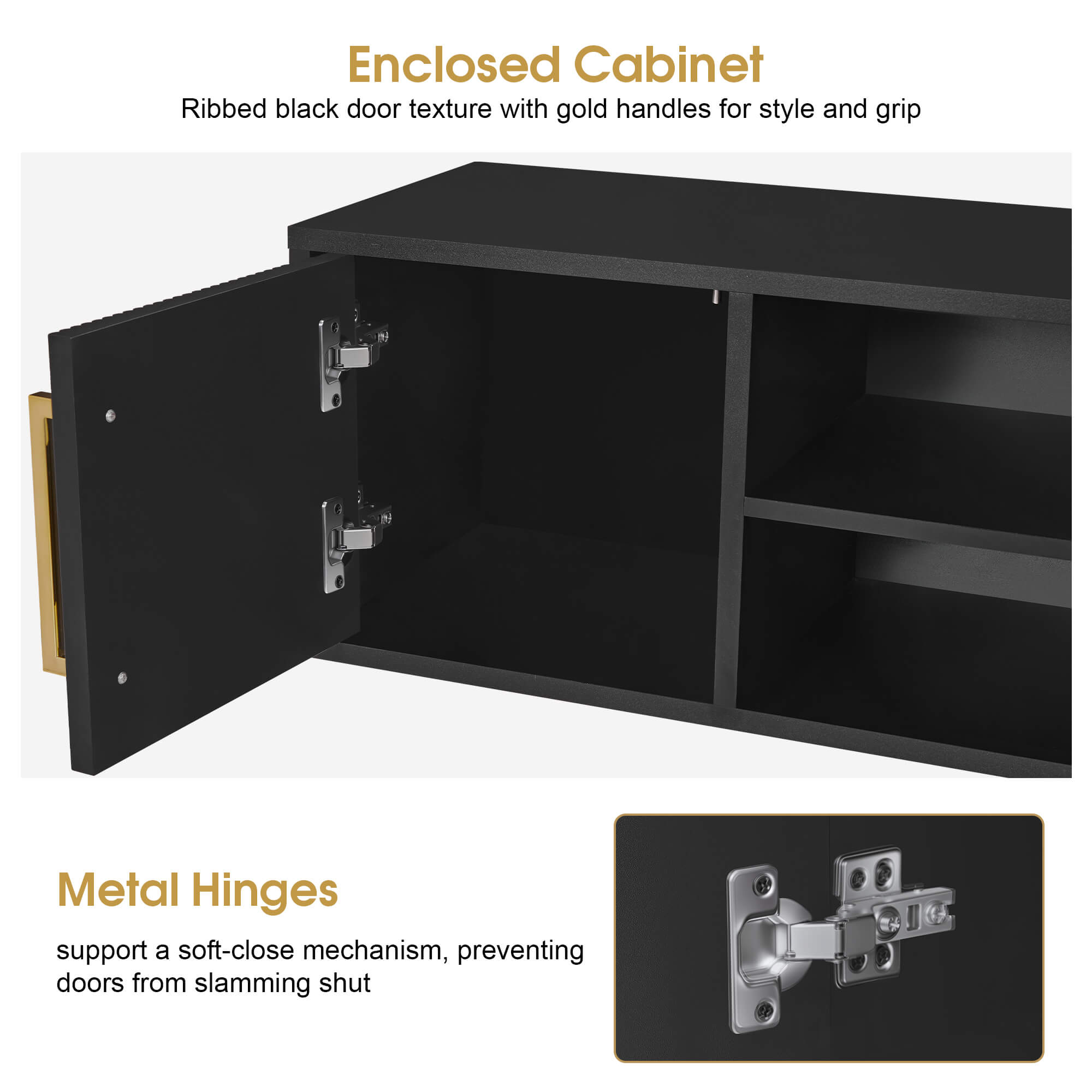 Black Fluted Wall Mounted Barber Station for Storage, Salon Beauty Cabinet with Golden Handle 2504