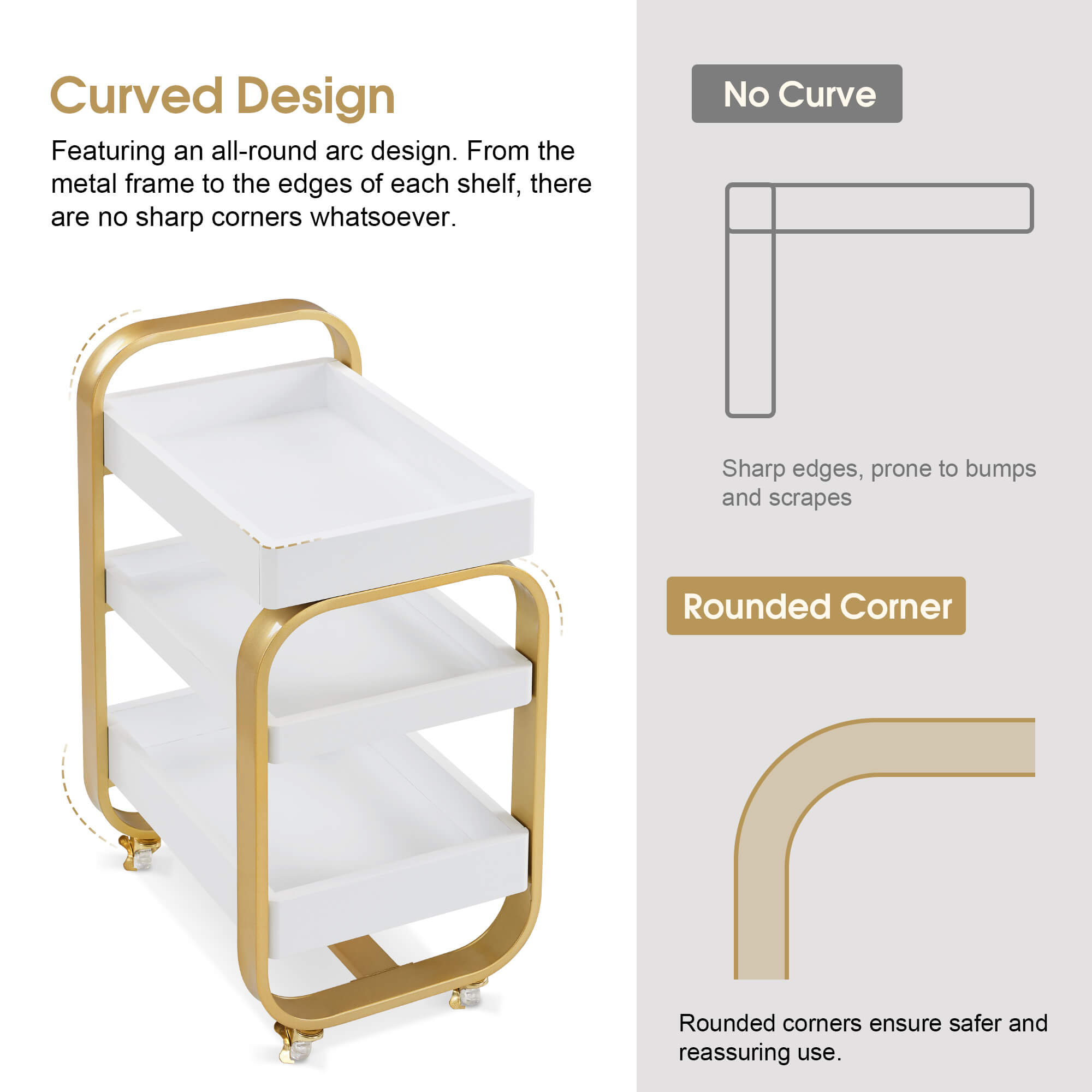 3-Tier Modern Salon Rolling Trolley with Metal Frame, Barber Storage Cart with Lockable Wheels 2085