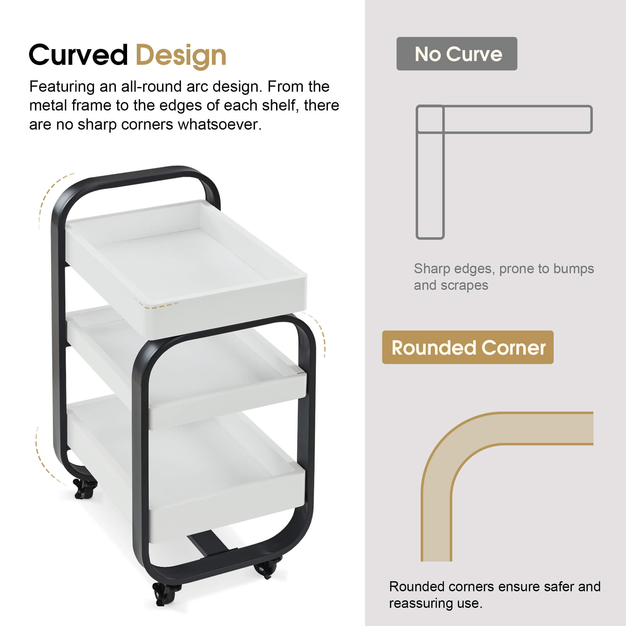 3-Tier Modern Salon Rolling Trolley with Metal Frame, Barber Storage Cart with Lockable Wheels 2085