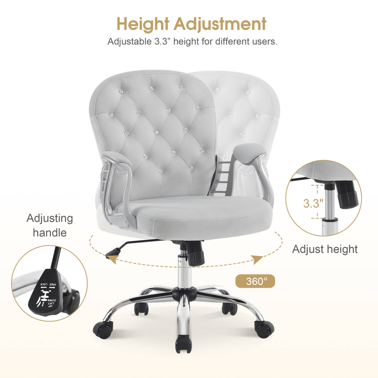 Comfy Nail Art Chair with Lumbar Support, Adjustable Home Office Chairs with 360° Swivel Wheels 3567