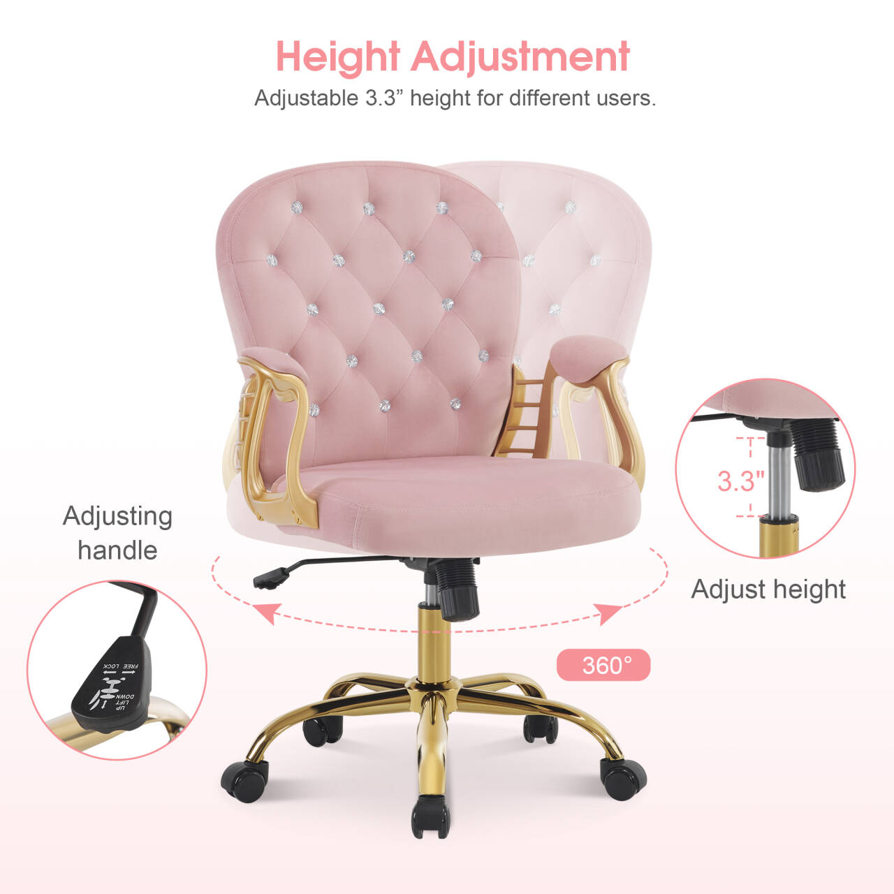 Comfy Nail Art Chair with Lumbar Support, Adjustable Home Office Chairs with 360° Swivel Wheels 3567
