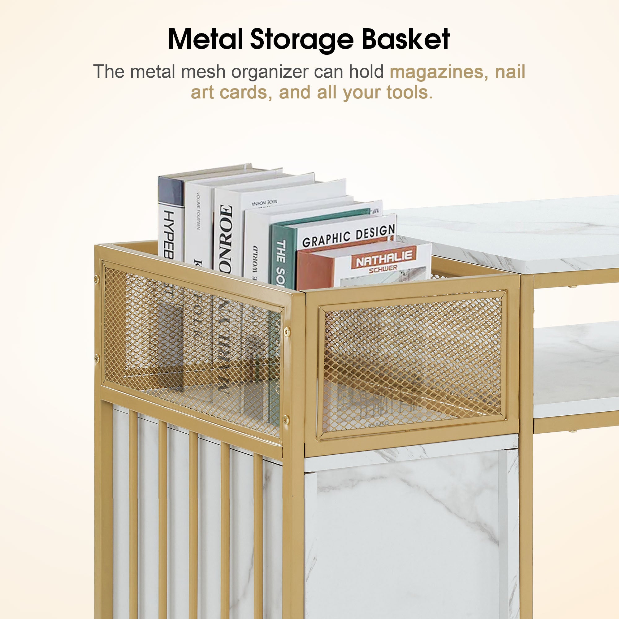Marbling Nail Tech Desk with Metal Frame, Manicure Beauty Storage Organizer with Drawers 2425