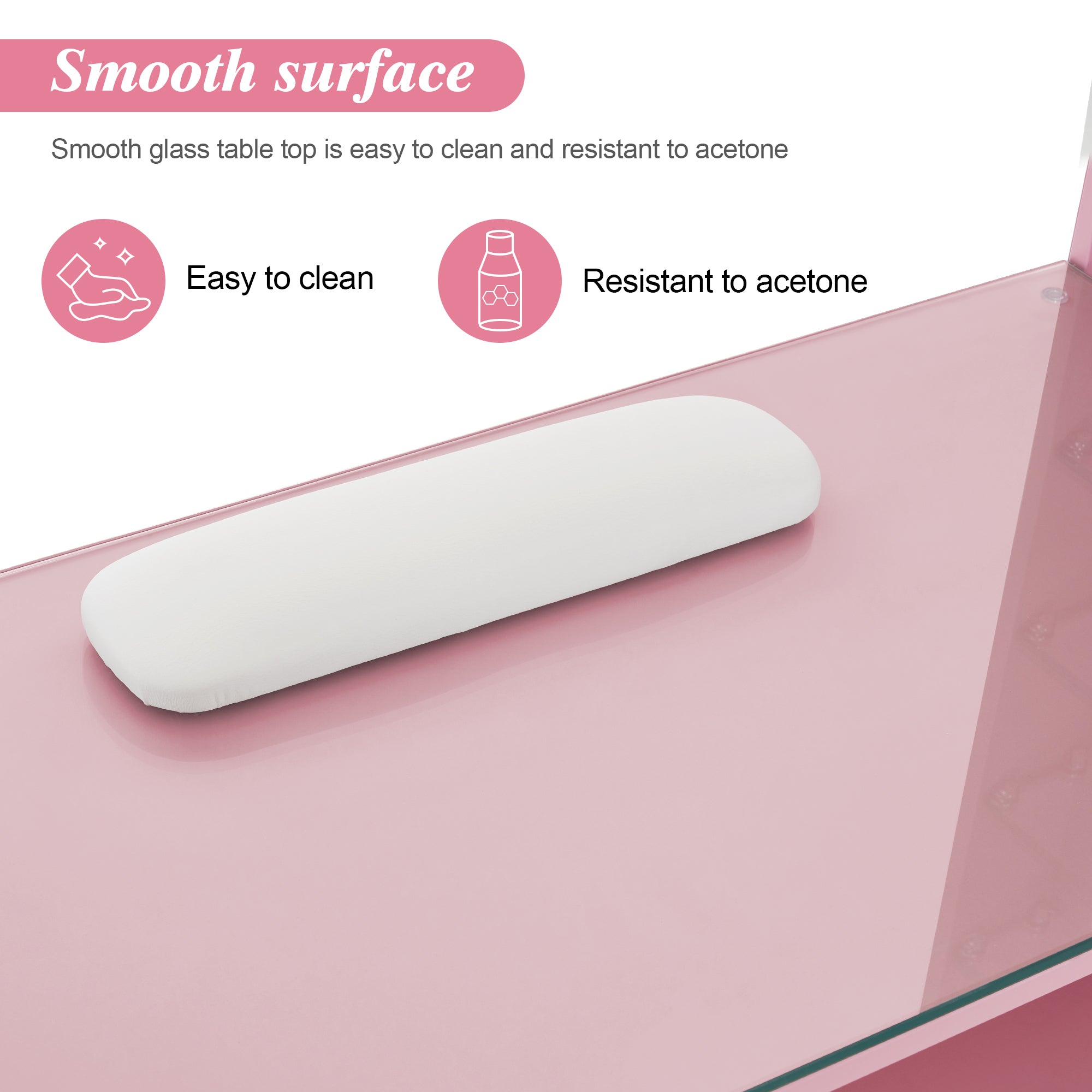 Glass Top Manicure Table With Open Shelves, Nail Tech Desk with Storage Drawers 2673