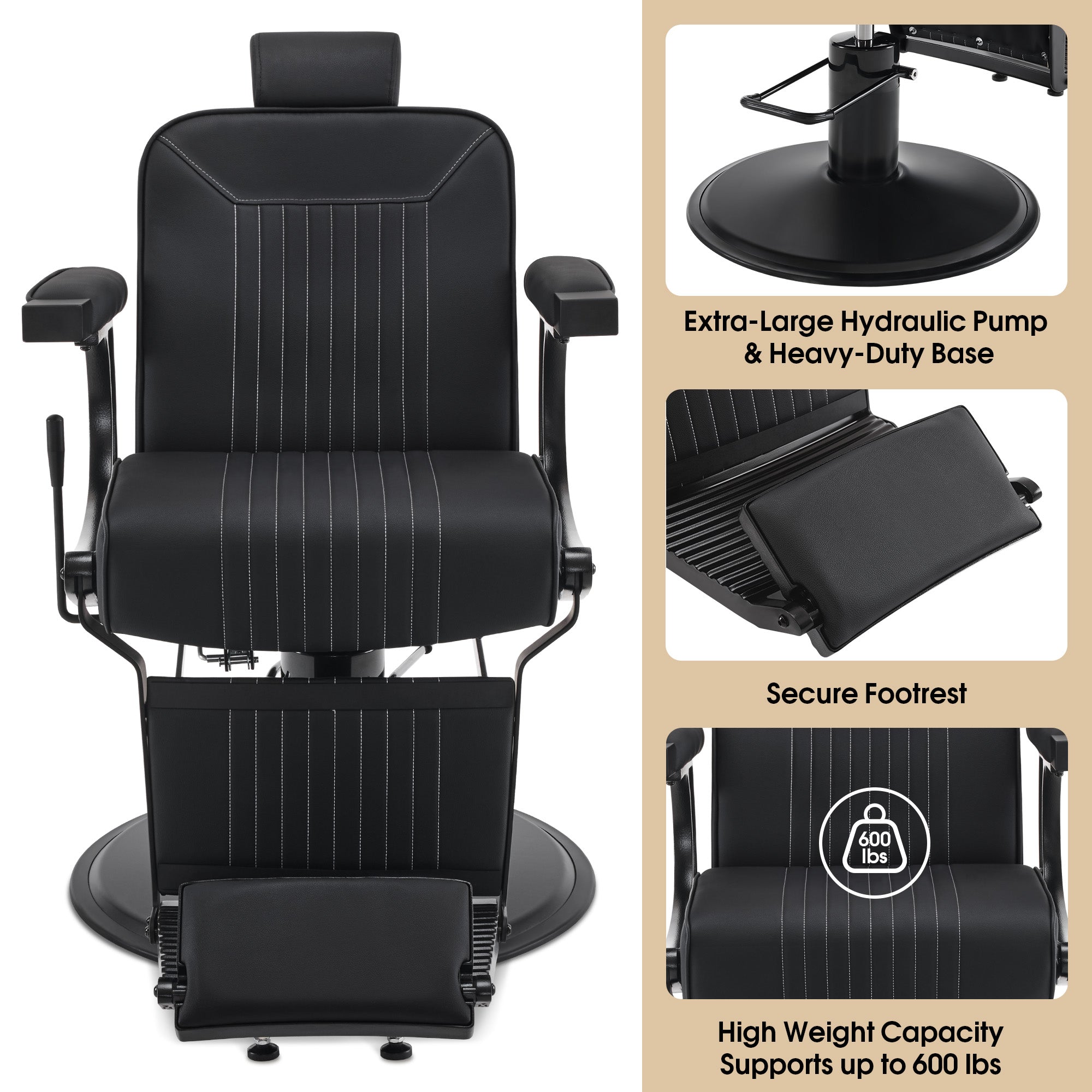 BarberPub Hydraulic Reclining Barber Chair with Adjustable Headrest, Black 8334