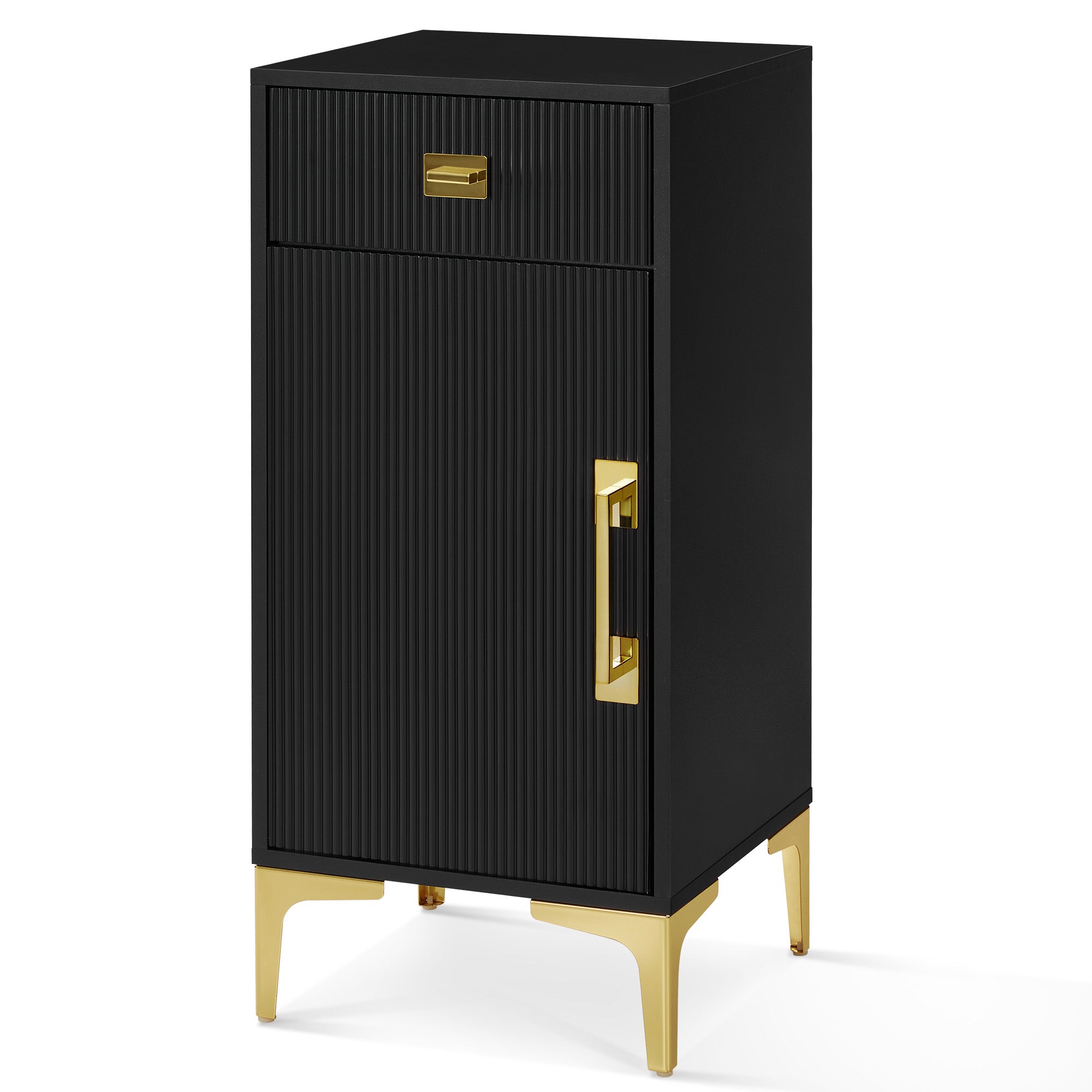 Black Fluted Free-Standing Barber Station for Storage, Salon Beauty Cabinet with Golden Handle 2027