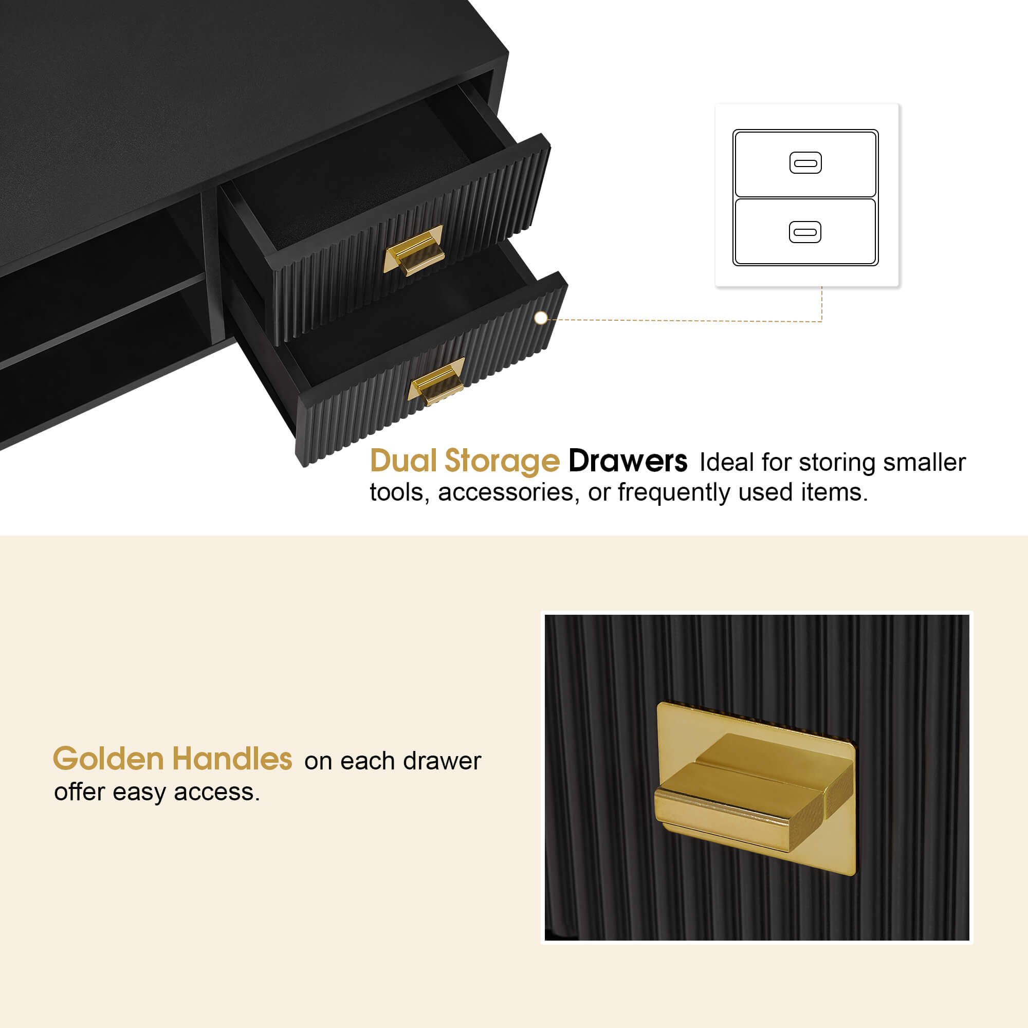 Black Fluted Wall Mounted Barber Station for Storage, Salon Beauty Cabinet with Golden Handle 2504