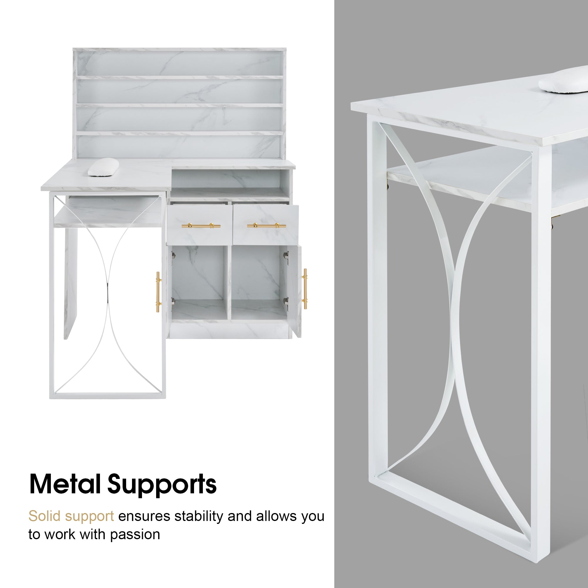 BarberPub L-shaped Nail Desk, Versatile Manicure Table with Metal Support 2833