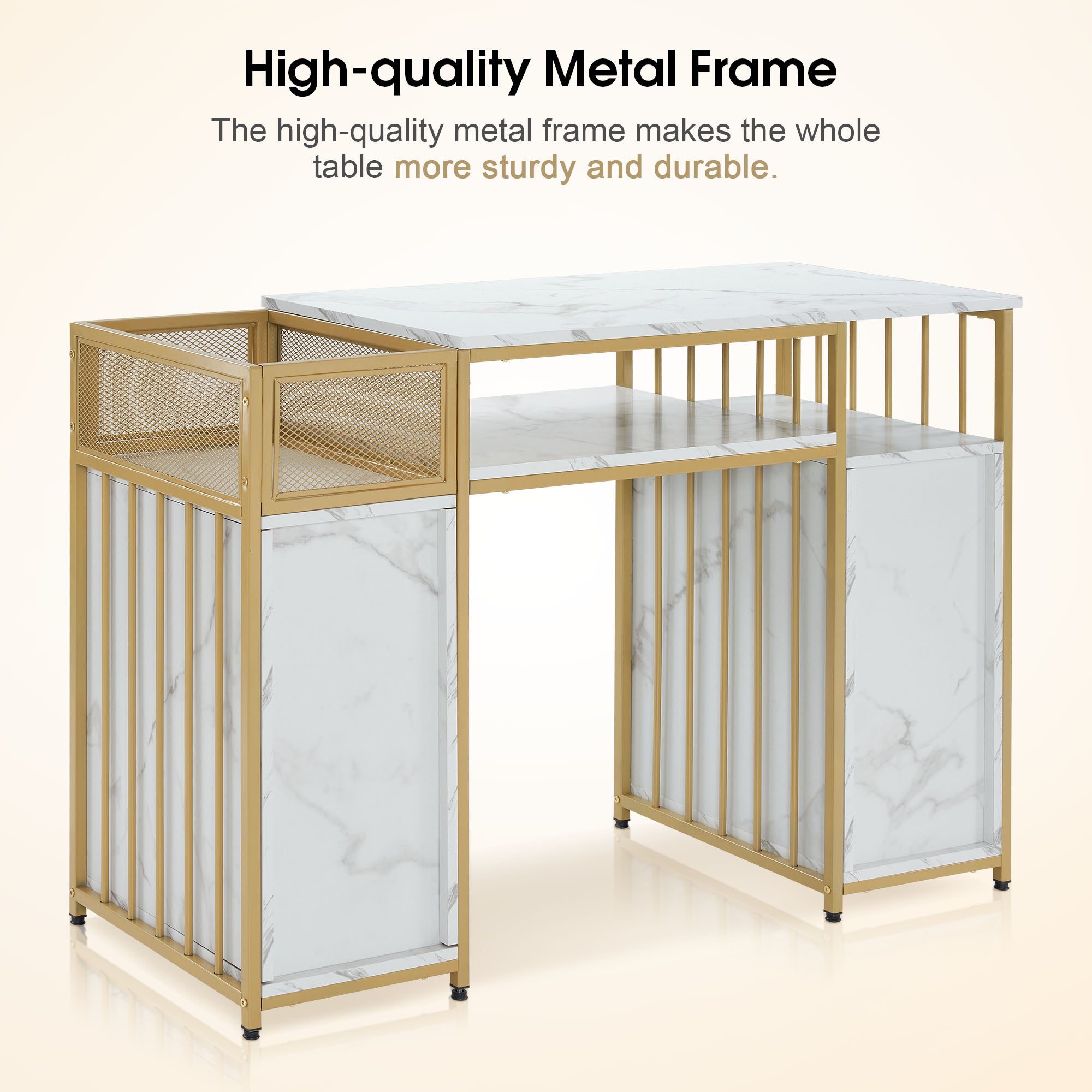 Marbling Nail Tech Desk with Metal Frame, Manicure Beauty Storage Organizer with Drawers 2425