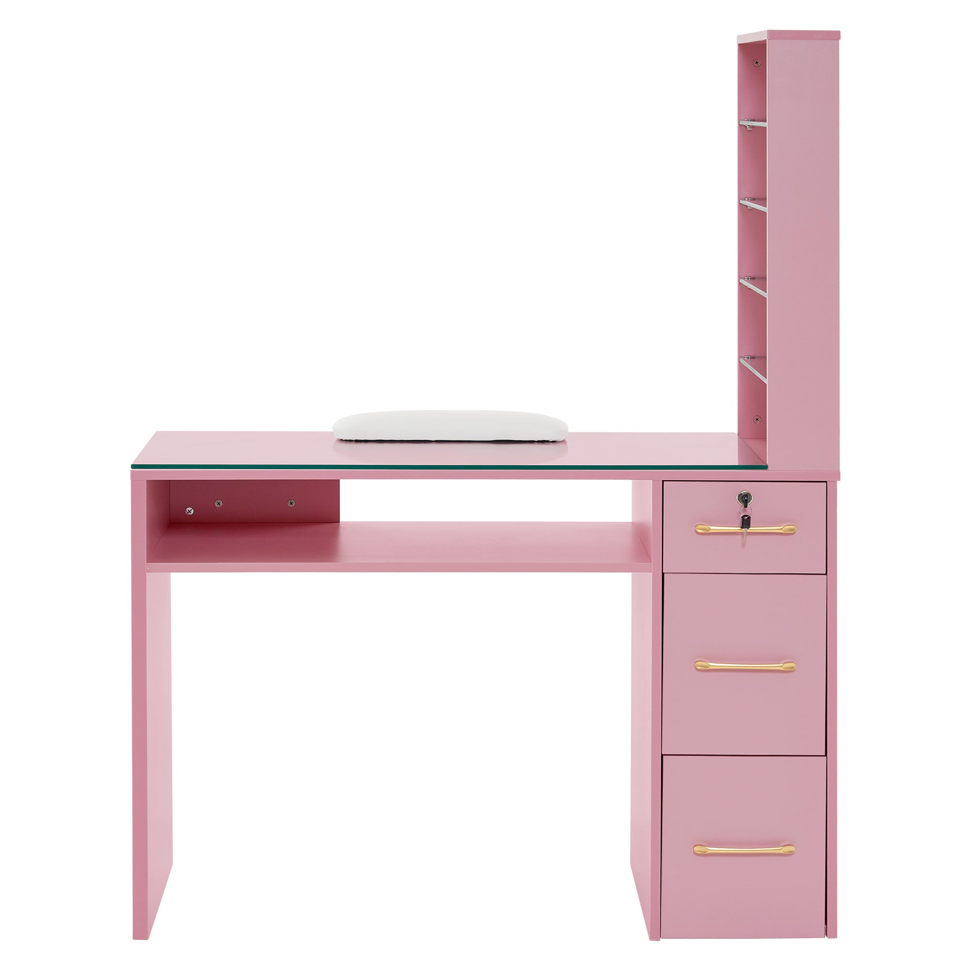 Glass Top Manicure Table With Open Shelves, Nail Tech Desk with Storage Drawers 2673
