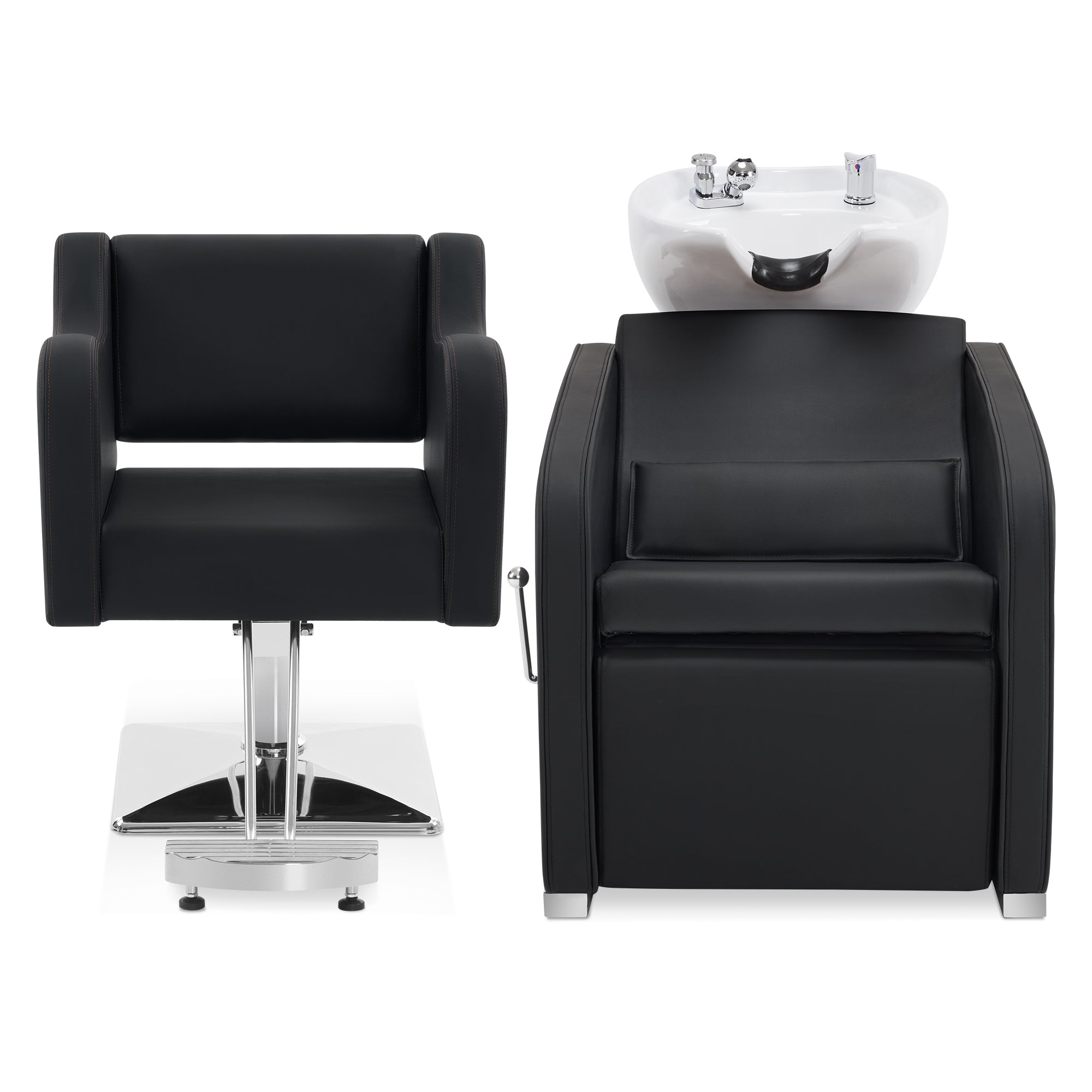 BarberPub Salon Chair 3802 & Backwash Shampoo Chair 9370 Set – Brown Hydraulic Barber Styling Chair with Ceramic Hair Wash Bowl