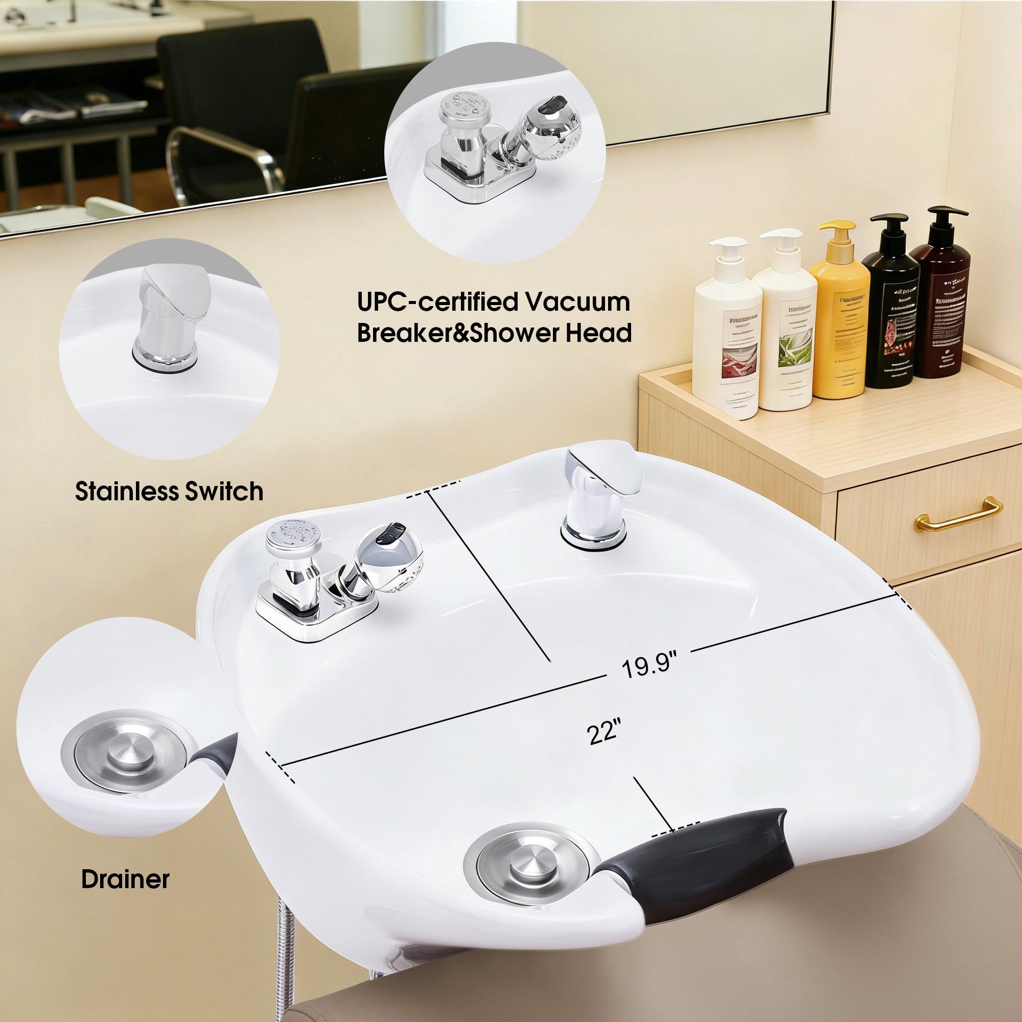 BarberPub Backwash Shampoo Station Chair, Ceramic Hair Wash Bowl for Salon 9364